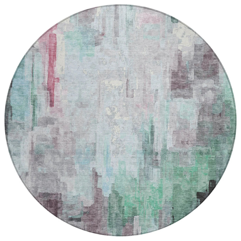 8' Sky Blue And Mauve Round Abstract Washable Indoor Outdoor Area Rug Homeroots Outdoor