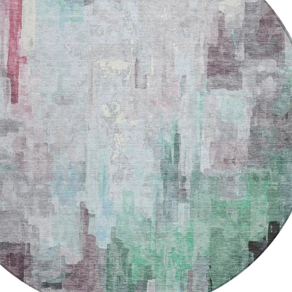 8' Sky Blue And Mauve Round Abstract Washable Indoor Outdoor Area Rug Homeroots Outdoor