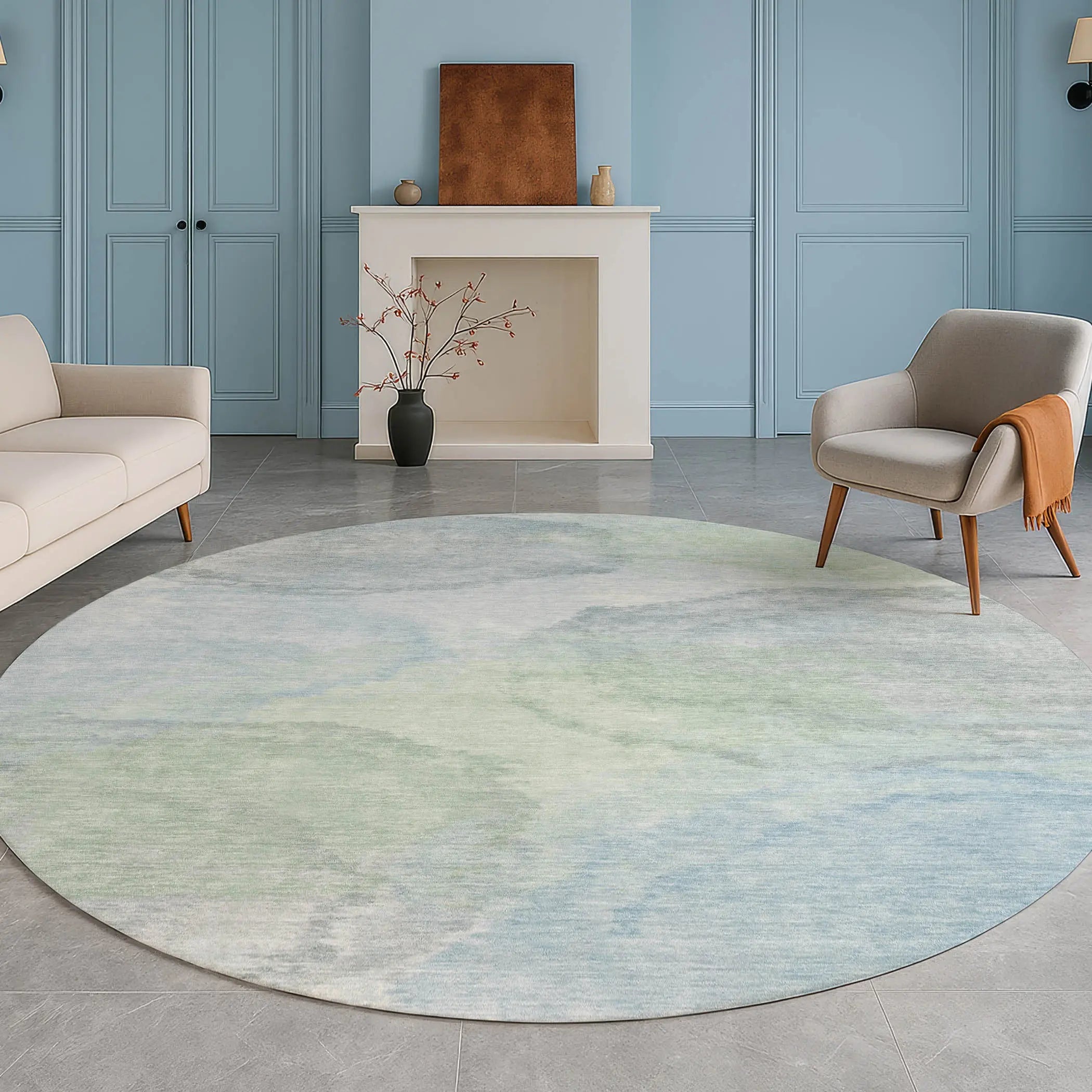 8' Sky Blue And Mint Green Round Abstract Washable Indoor Outdoor Area Rug Homeroots Outdoor
