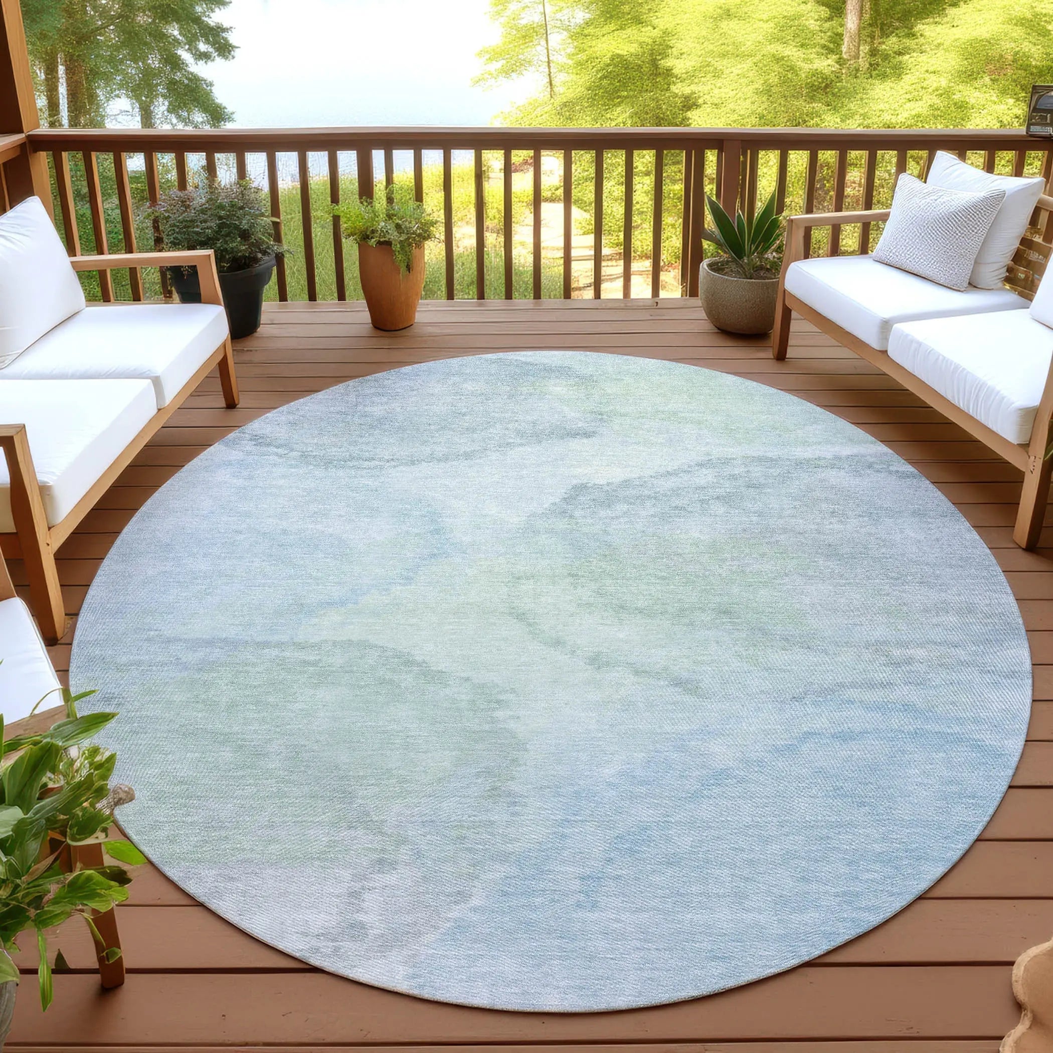 8' Sky Blue And Mint Green Round Abstract Washable Indoor Outdoor Area Rug Homeroots Outdoor