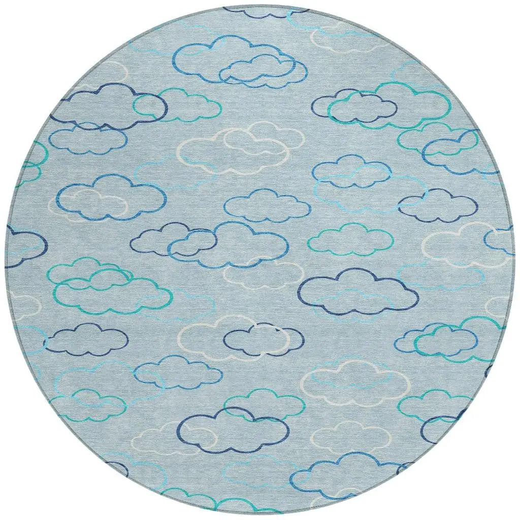 8' Sky Blue And Navy Blue Round Abstract Washable Indoor Outdoor Area Rug Homeroots Outdoor