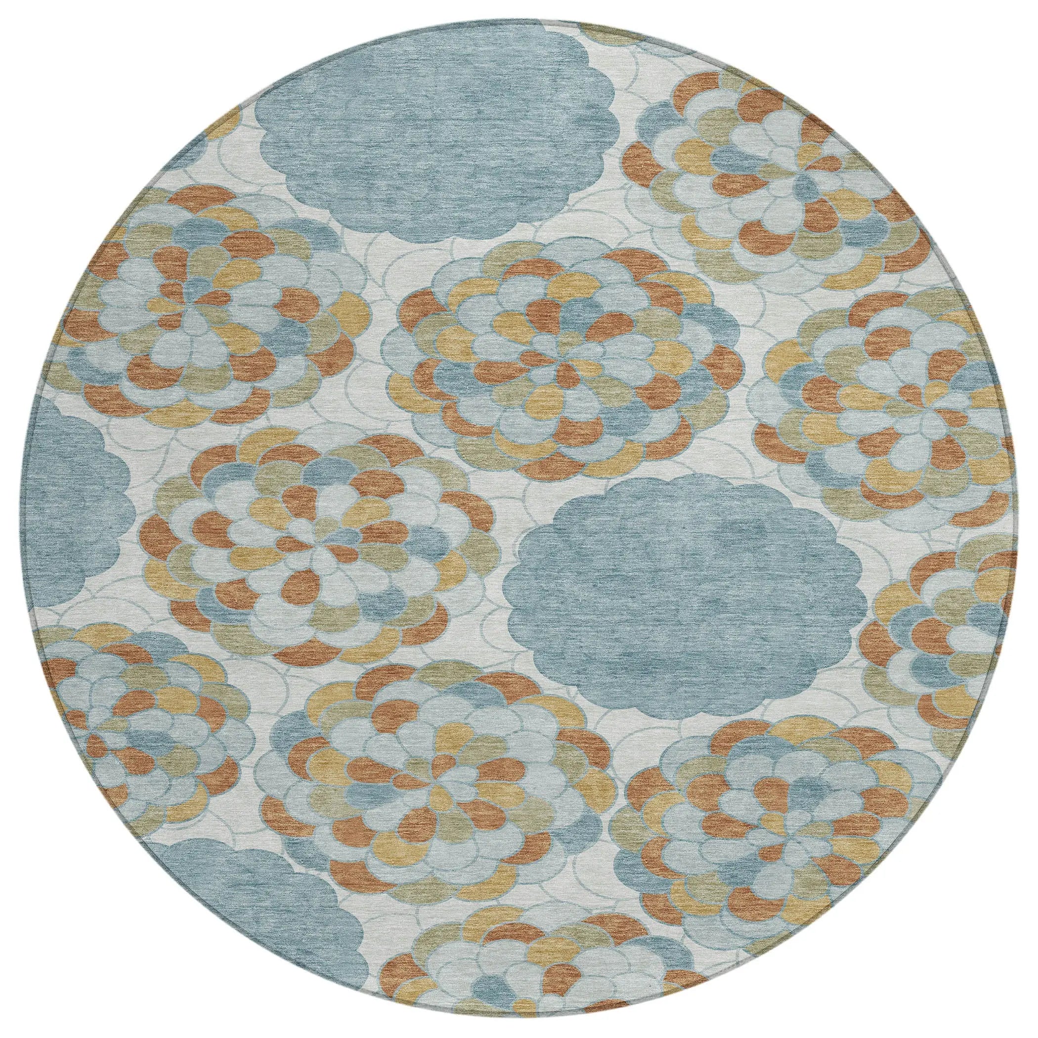8' Sky Blue And Orange Round Floral Washable Indoor Outdoor Area Rug Homeroots Outdoor