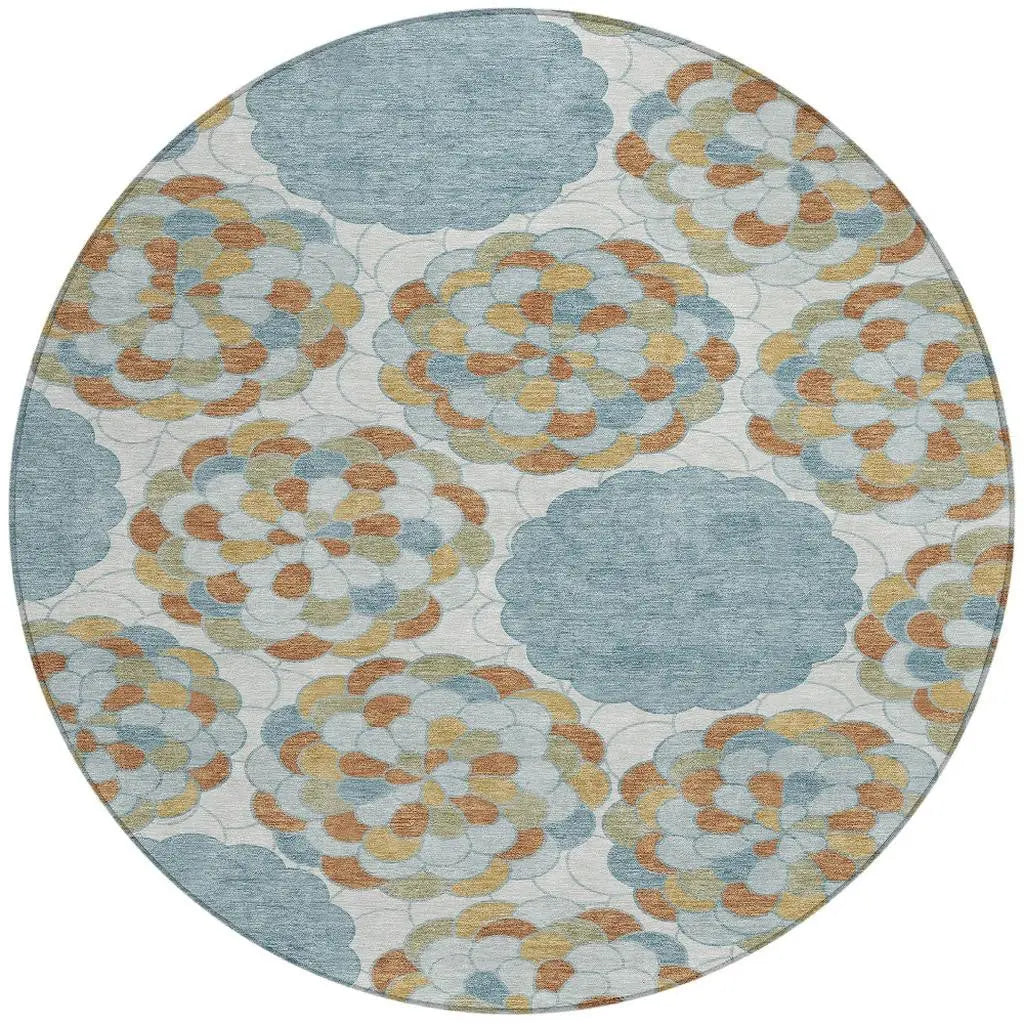 8' Sky Blue And Orange Round Floral Washable Indoor Outdoor Area Rug Homeroots Outdoor