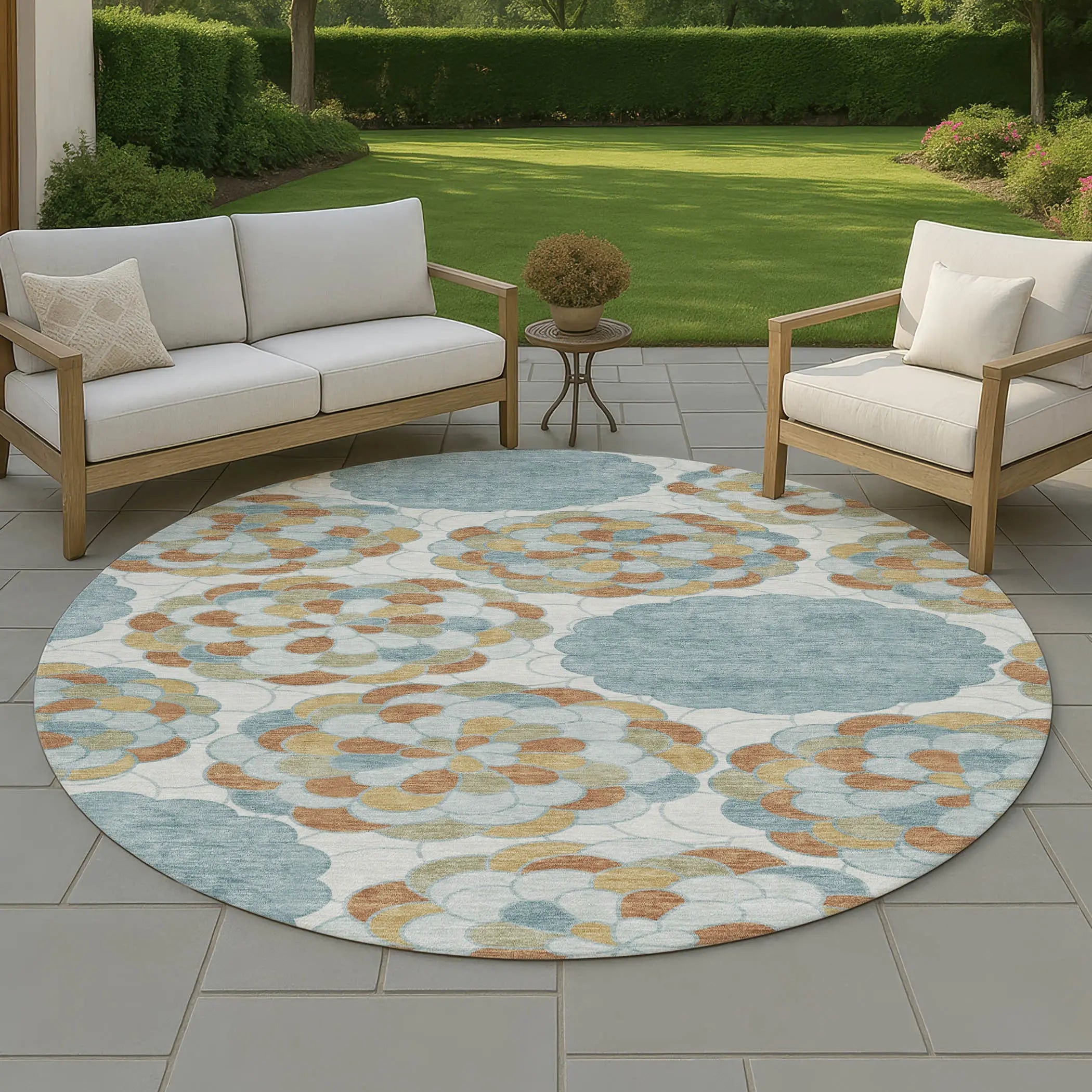 8' Sky Blue And Orange Round Floral Washable Indoor Outdoor Area Rug Homeroots Outdoor