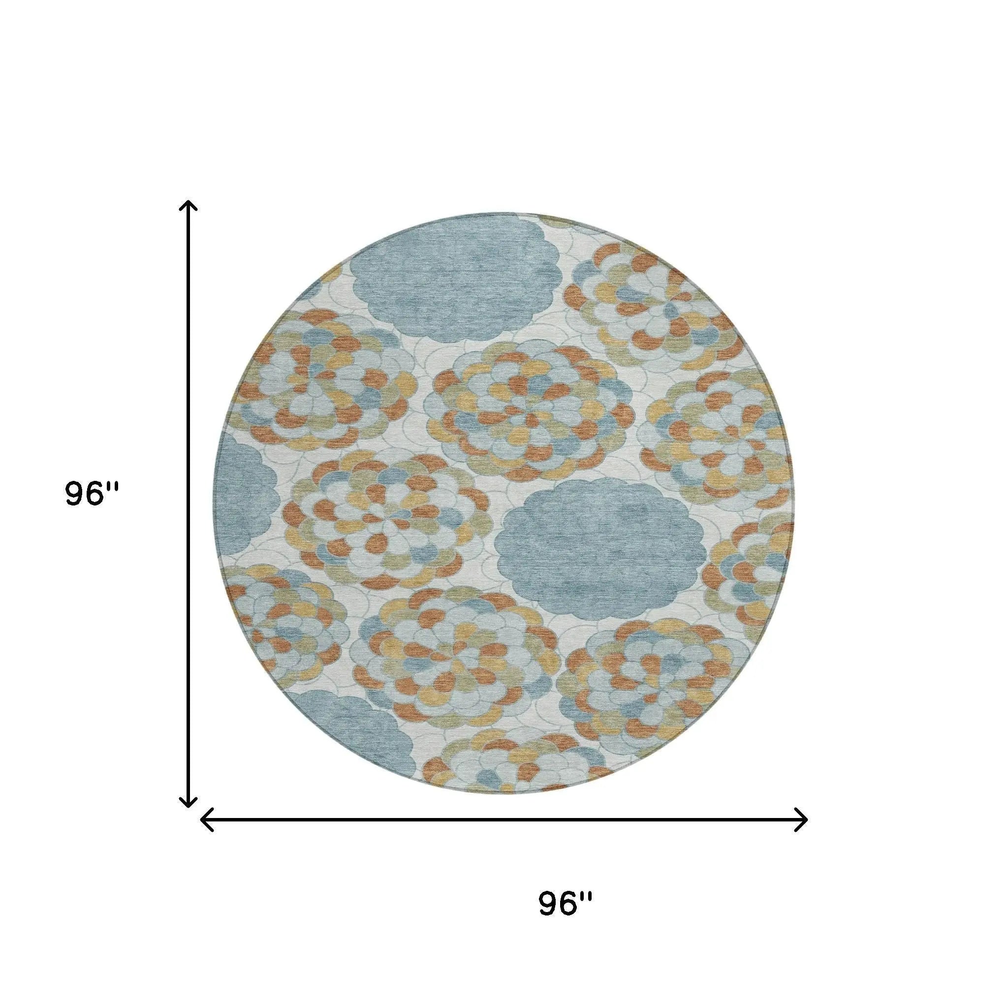 8' Sky Blue And Orange Round Floral Washable Indoor Outdoor Area Rug Homeroots Outdoor