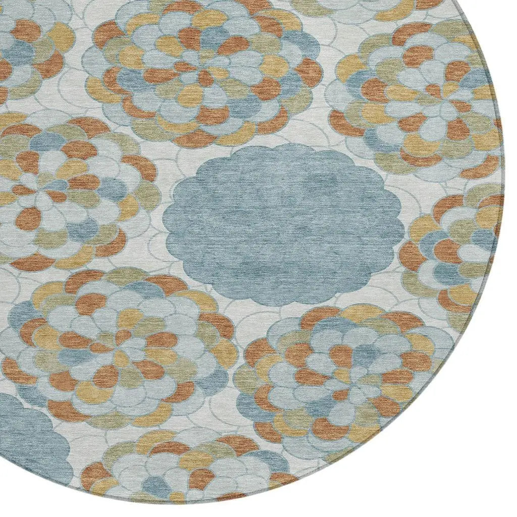8' Sky Blue And Orange Round Floral Washable Indoor Outdoor Area Rug Homeroots Outdoor