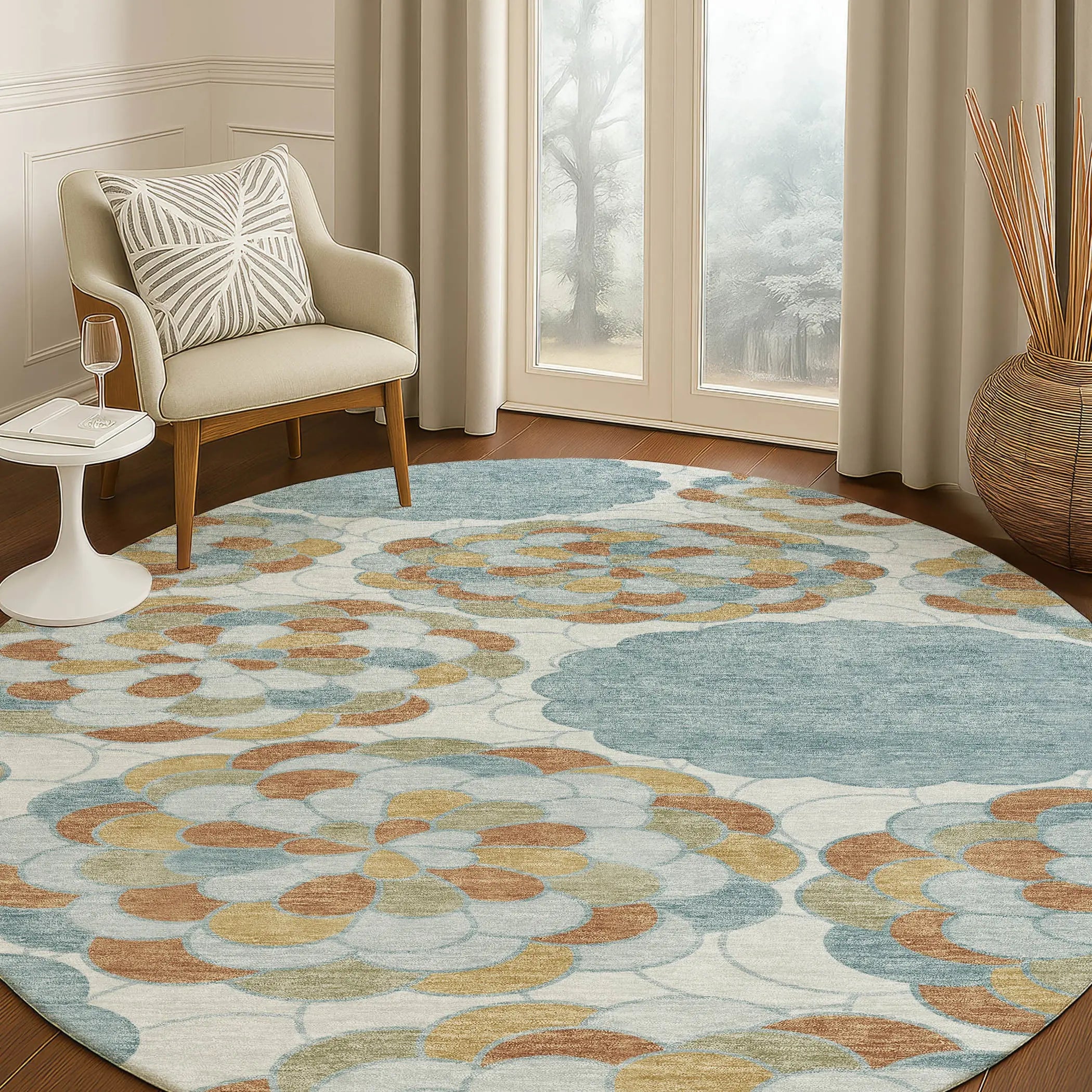 8' Sky Blue And Orange Round Floral Washable Indoor Outdoor Area Rug Homeroots Outdoor