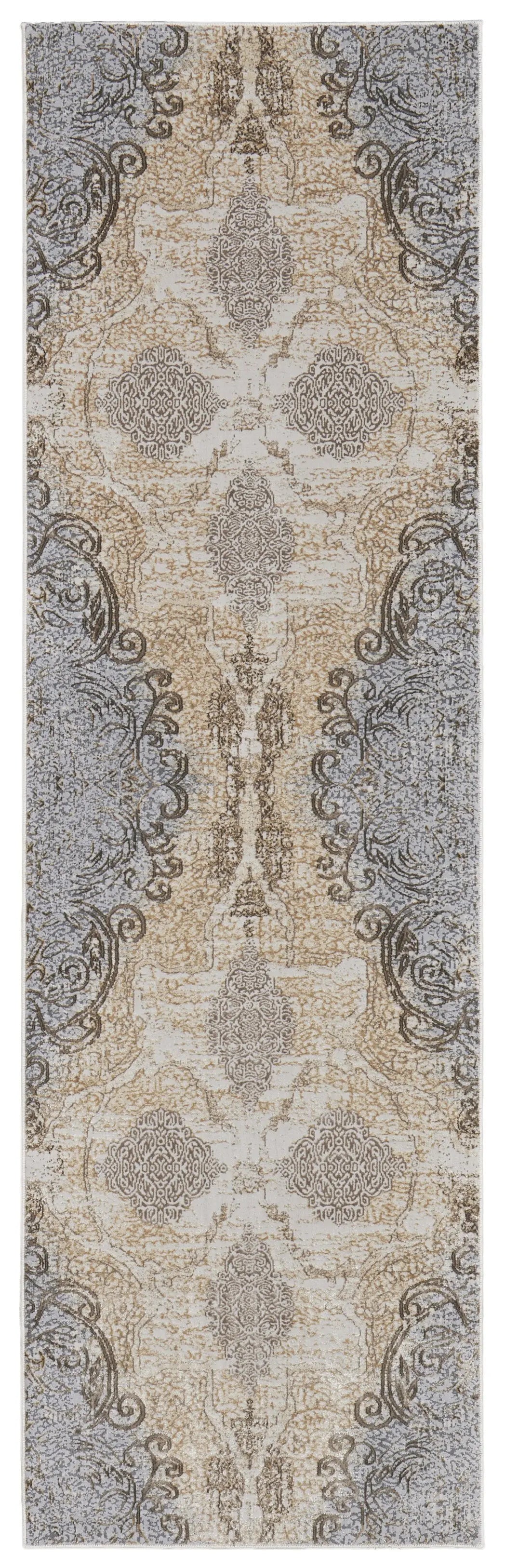 8' Tan And Gray Medallion Distressed Runner Rug Homeroots Home Decor