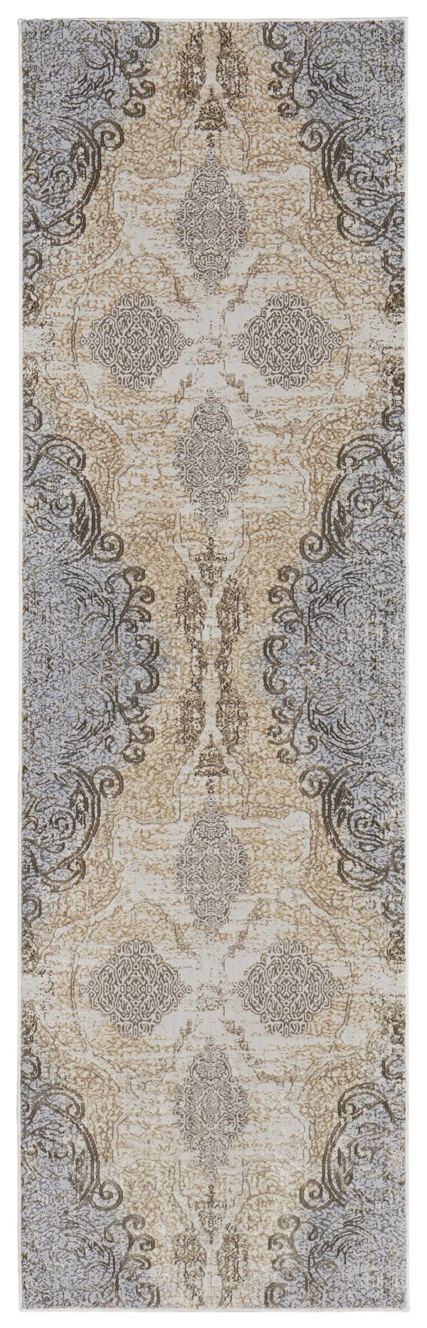 8' Tan And Gray Medallion Distressed Runner Rug Homeroots Home Decor