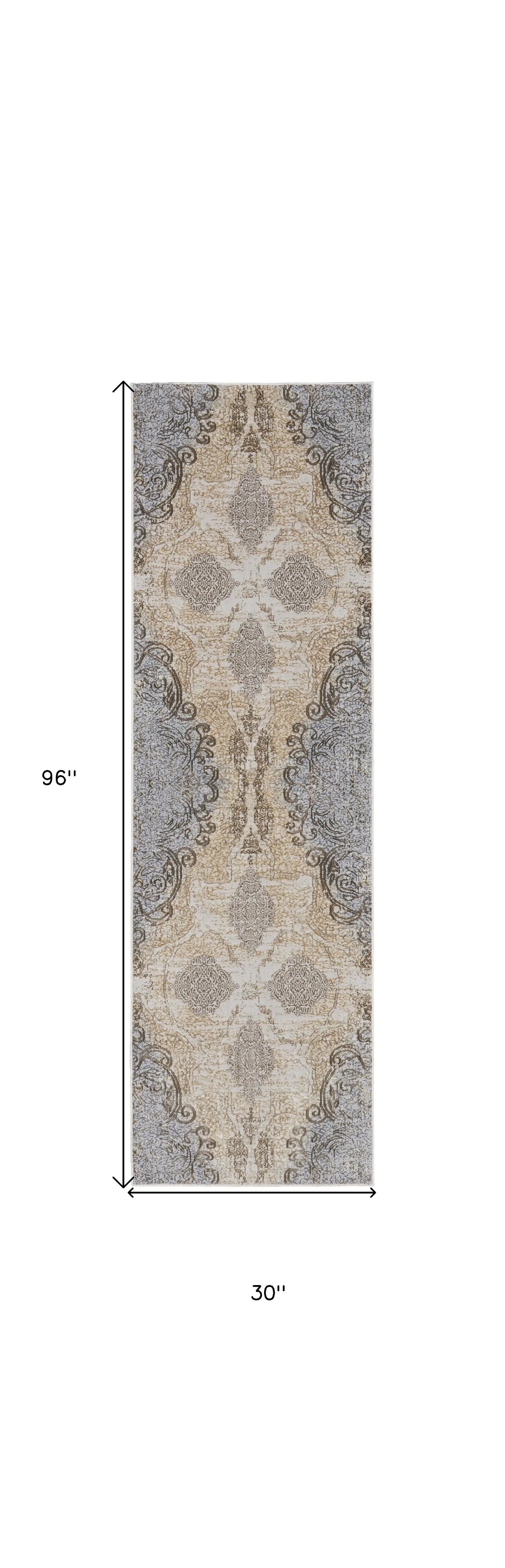 8' Tan And Gray Medallion Distressed Runner Rug Homeroots Home Decor