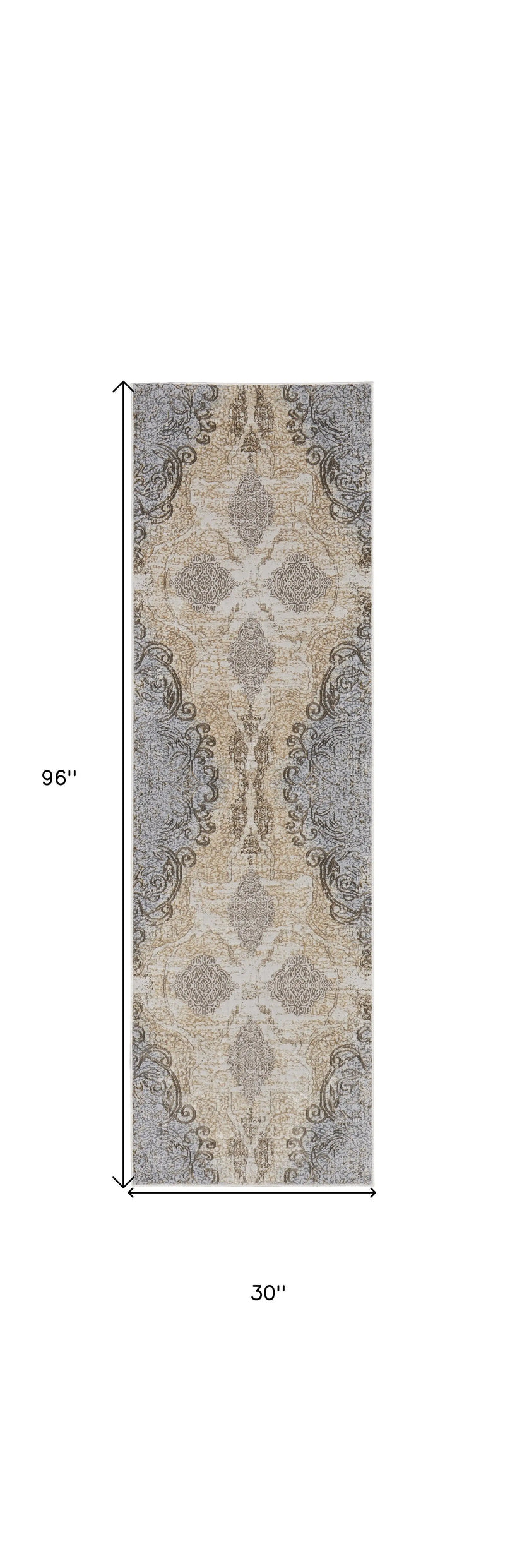 8' Tan And Gray Medallion Distressed Runner Rug Homeroots Home Decor
