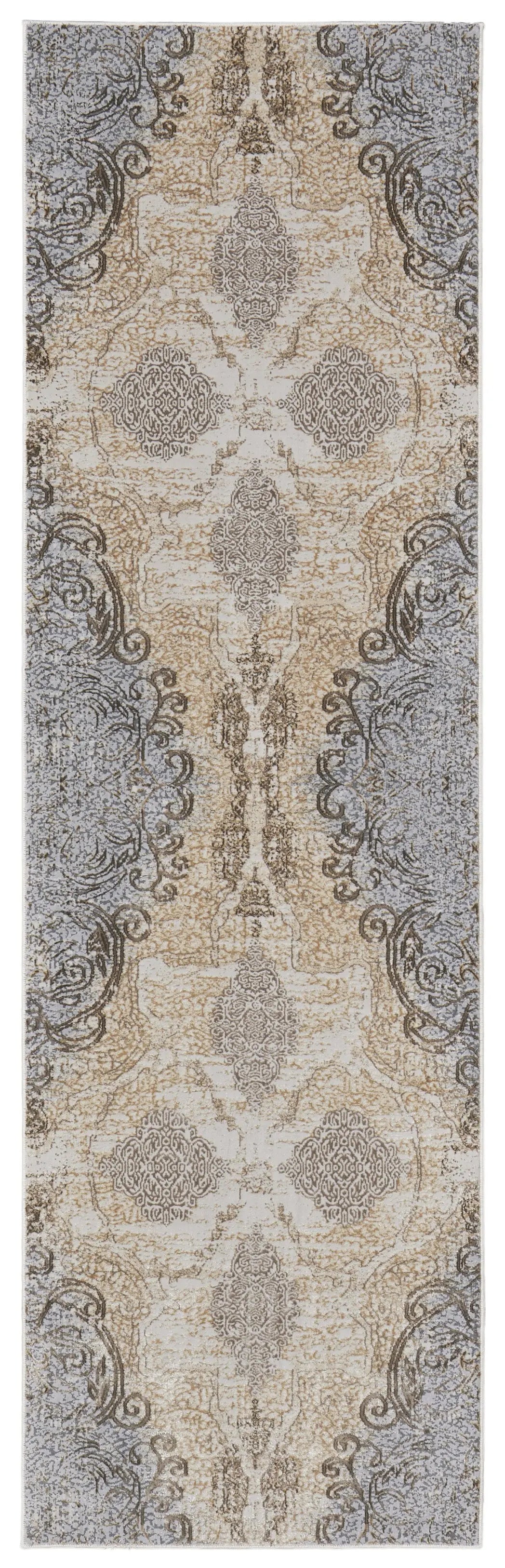 8' Tan And Gray Medallion Distressed Runner Rug Homeroots Home Decor