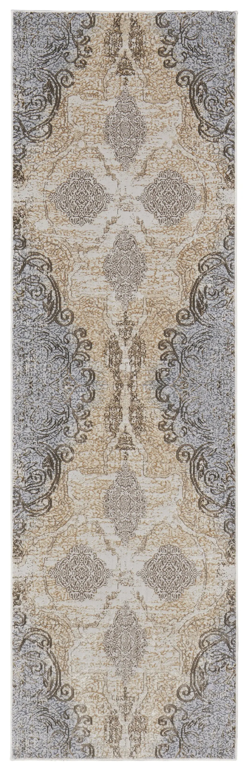 8' Tan And Gray Medallion Distressed Runner Rug Homeroots Home Decor