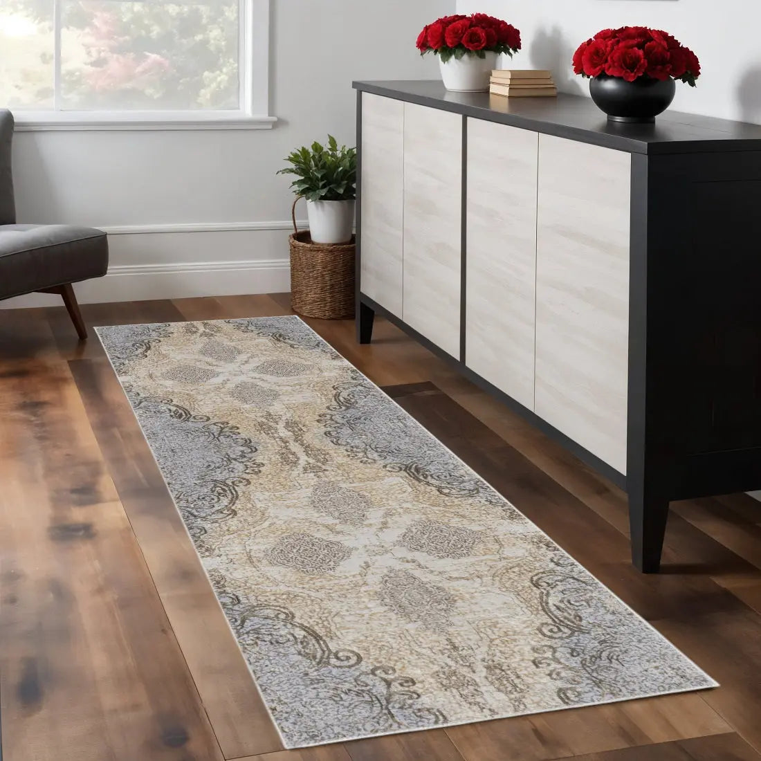 8' Tan And Gray Medallion Distressed Runner Rug Homeroots Home Decor