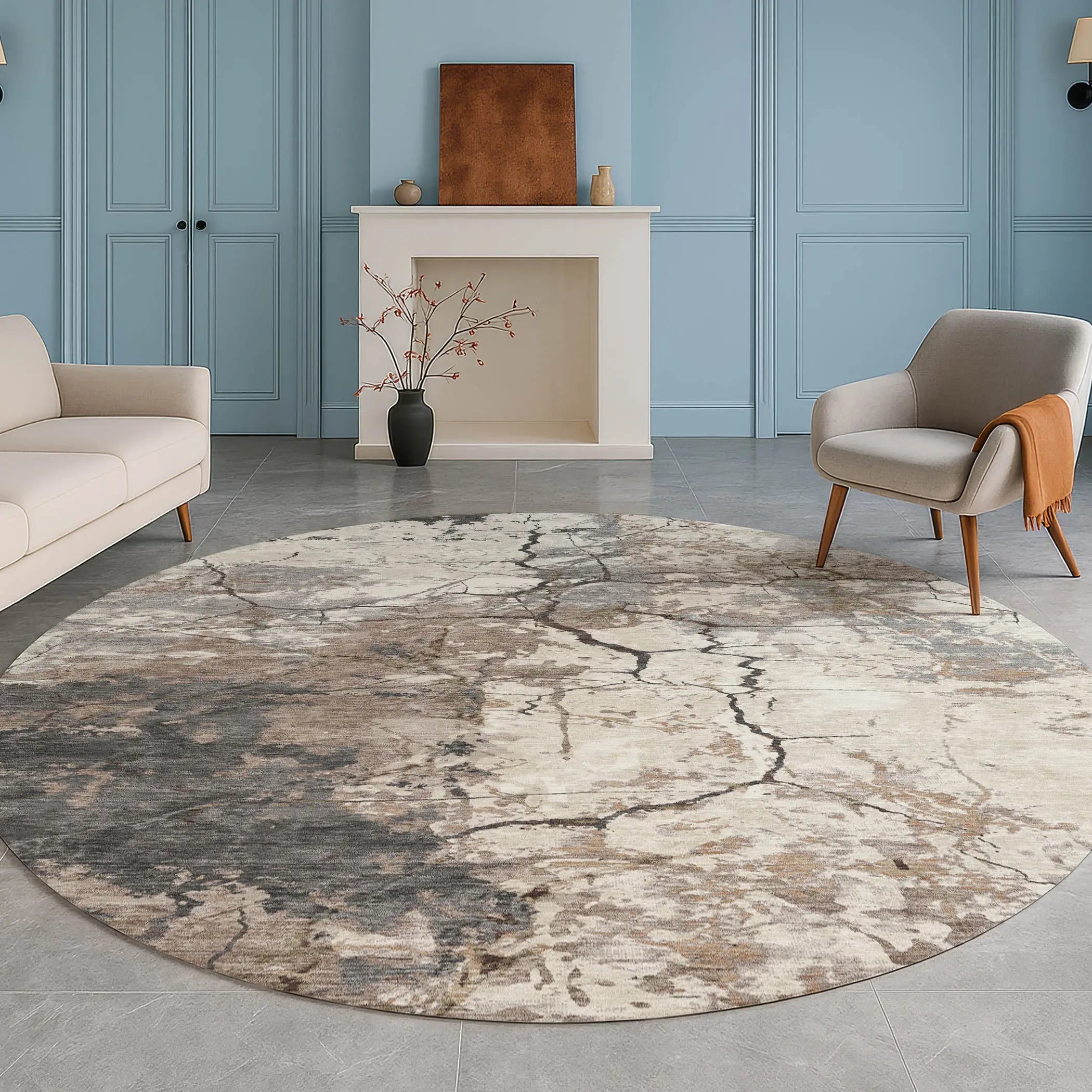 8' Taupe And Beige Round Abstract Washable Indoor Outdoor Area Rug Homeroots Outdoor