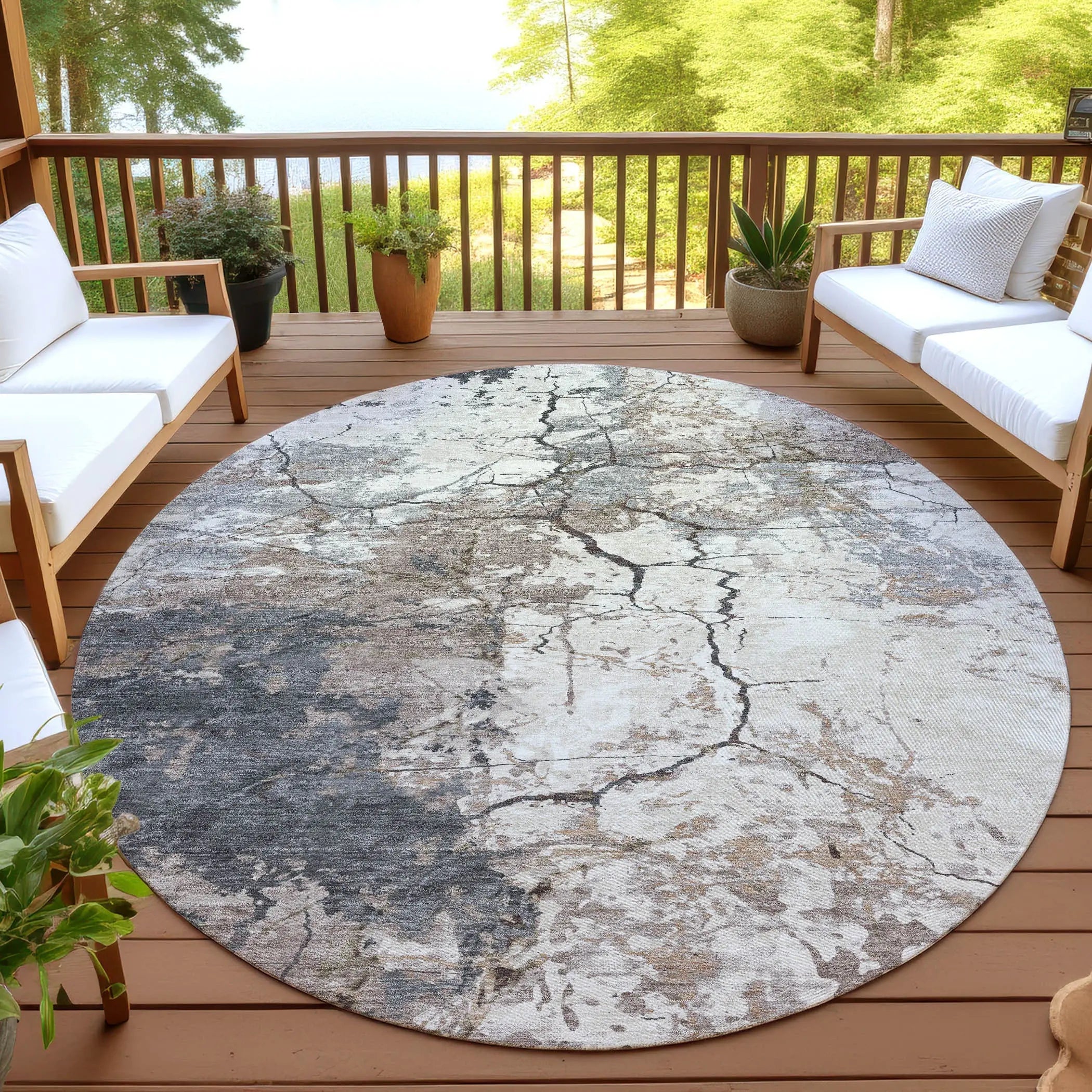 8' Taupe And Beige Round Abstract Washable Indoor Outdoor Area Rug Homeroots Outdoor