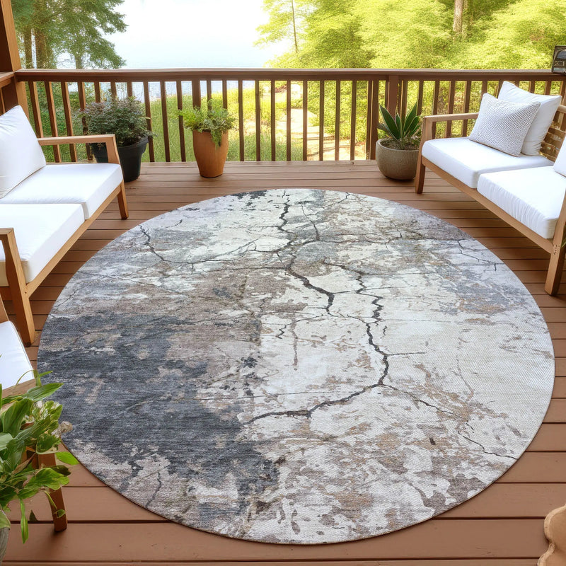 8' Taupe And Beige Round Abstract Washable Indoor Outdoor Area Rug Homeroots Outdoor