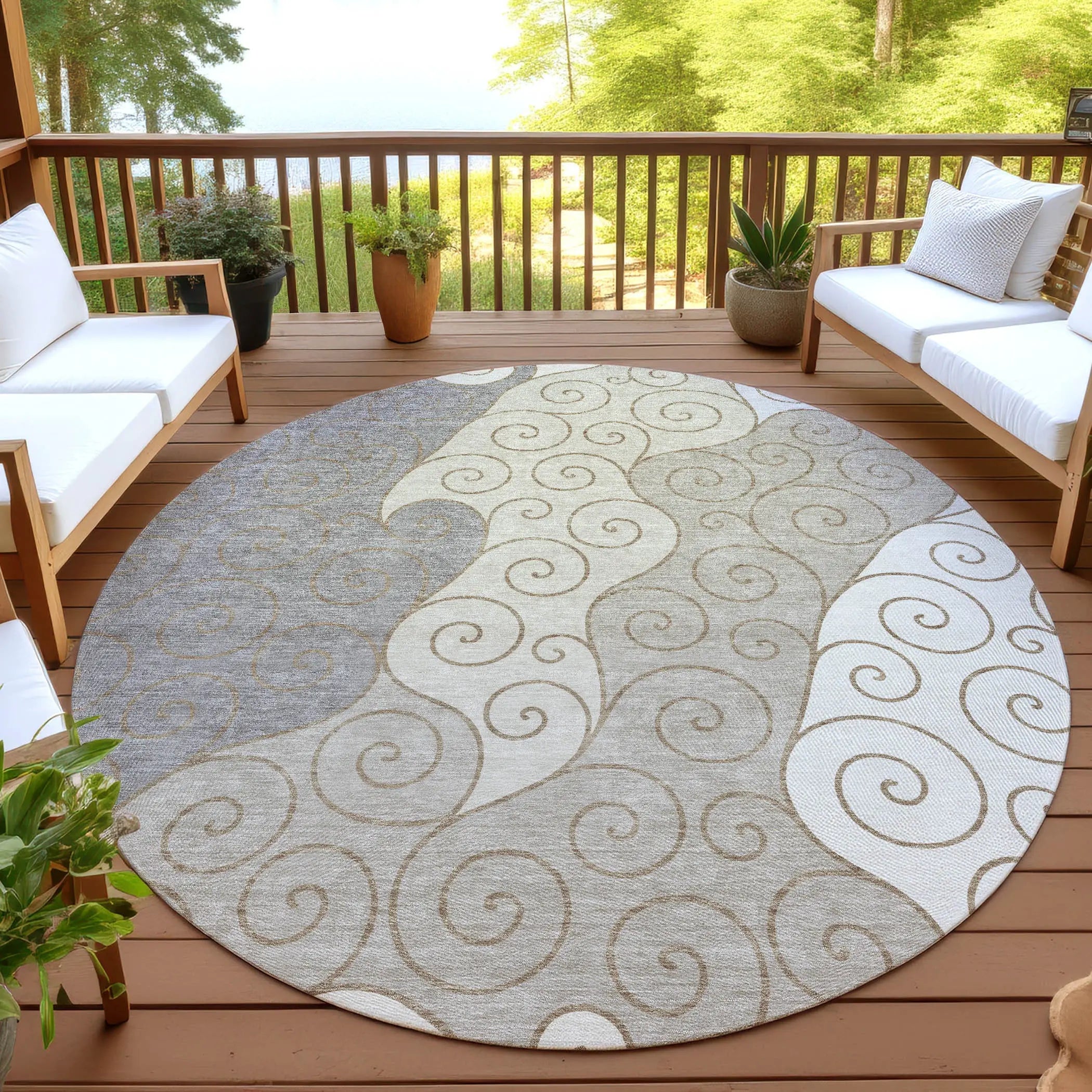8' Taupe And Beige Round Abstract Washable Indoor Outdoor Area Rug Homeroots Outdoor