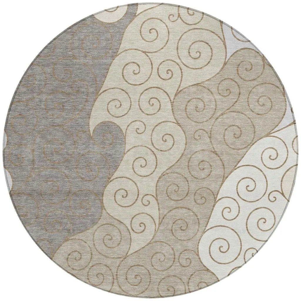 8' Taupe And Beige Round Abstract Washable Indoor Outdoor Area Rug Homeroots Outdoor