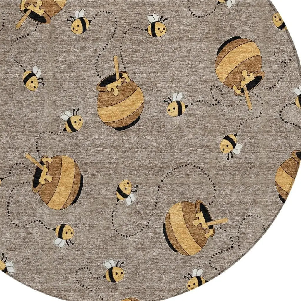8' Taupe And Beige Round Geometric Washable Indoor Outdoor Area Rug Homeroots Outdoor