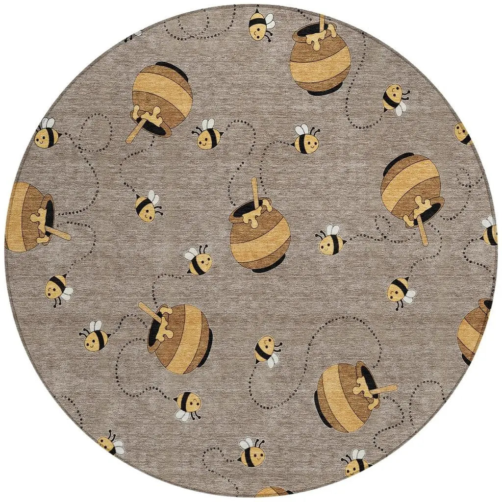 8' Taupe And Beige Round Geometric Washable Indoor Outdoor Area Rug Homeroots Outdoor