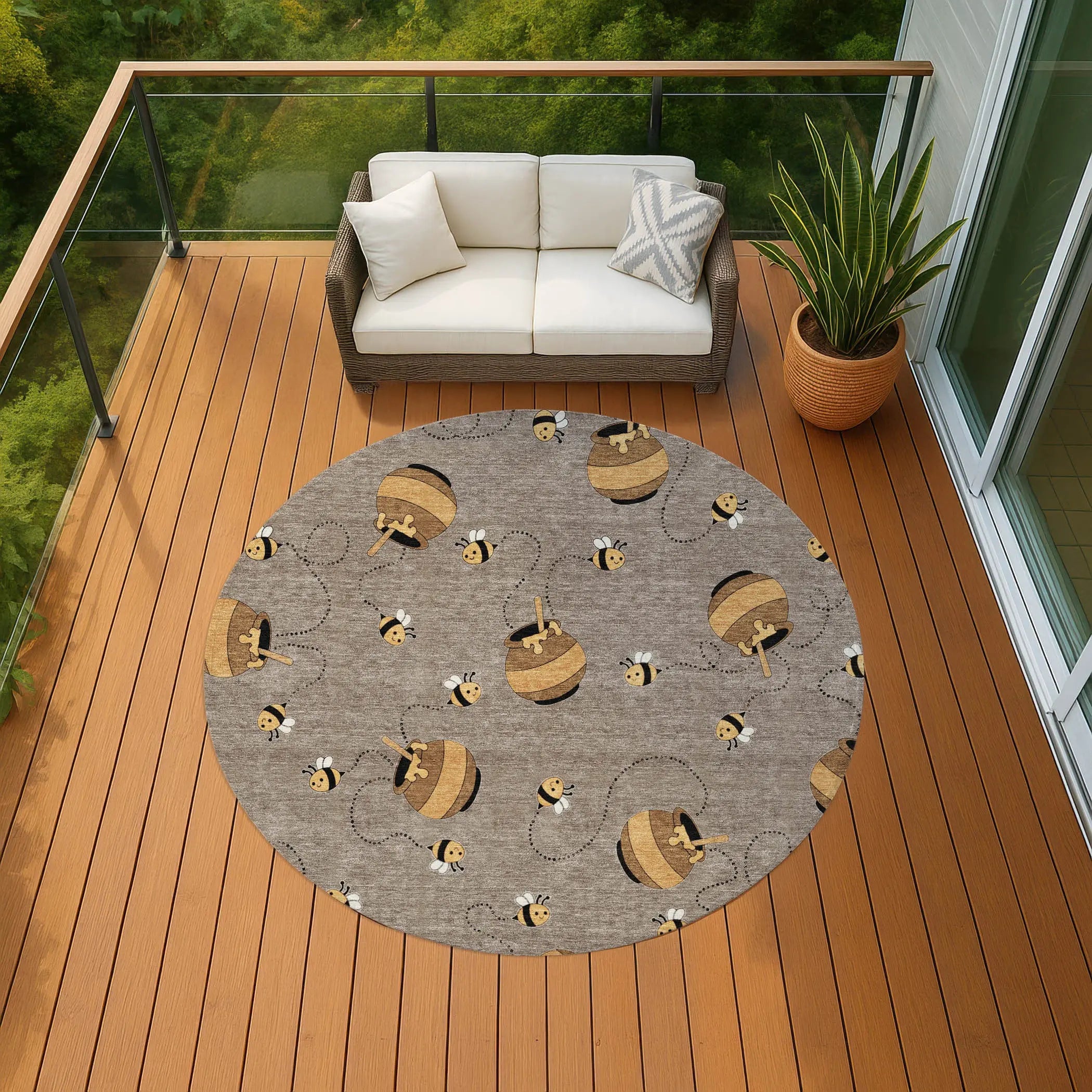 8' Taupe And Beige Round Geometric Washable Indoor Outdoor Area Rug Homeroots Outdoor