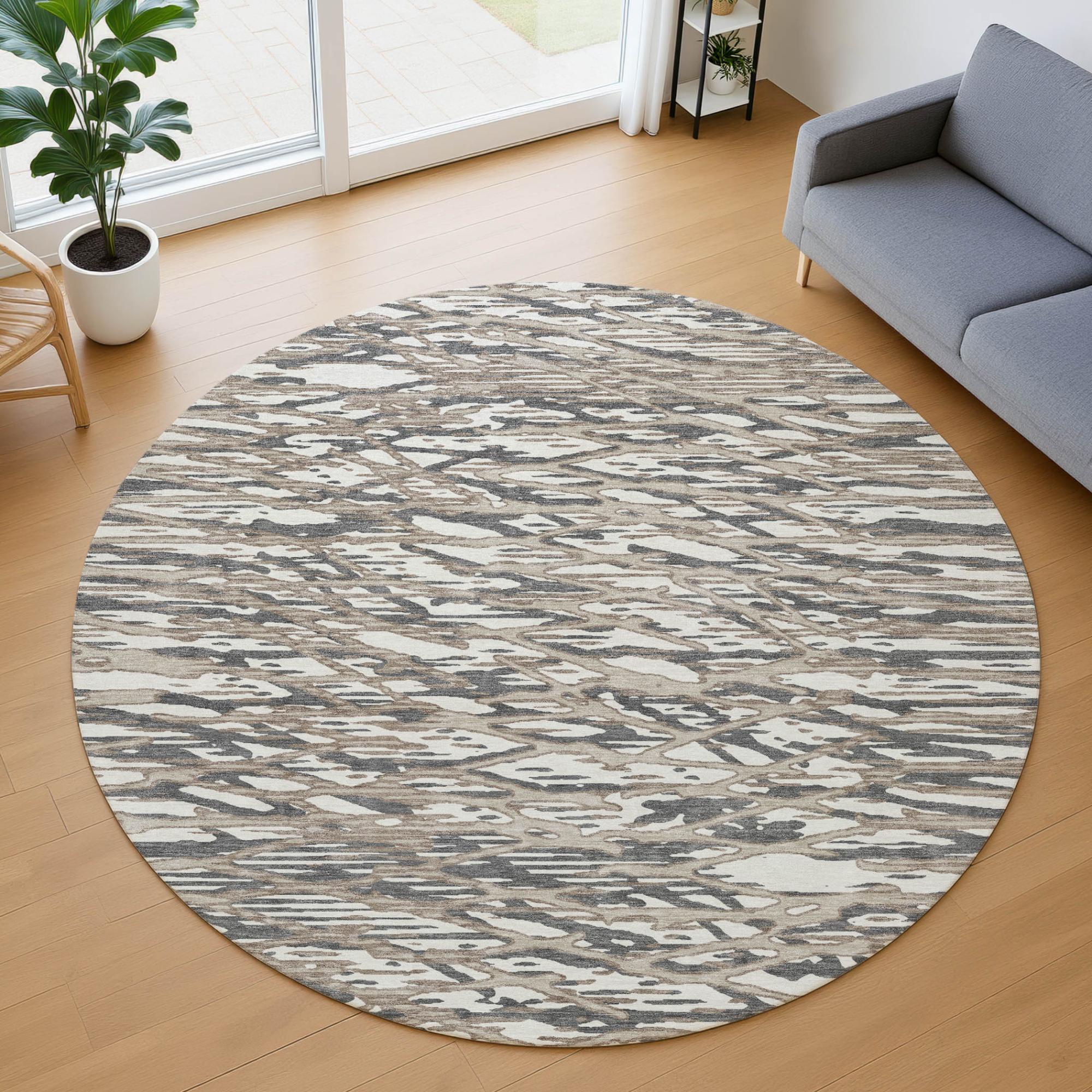8' Taupe And Brown Round Abstract Washable Indoor Outdoor Area Rug Homeroots Outdoor