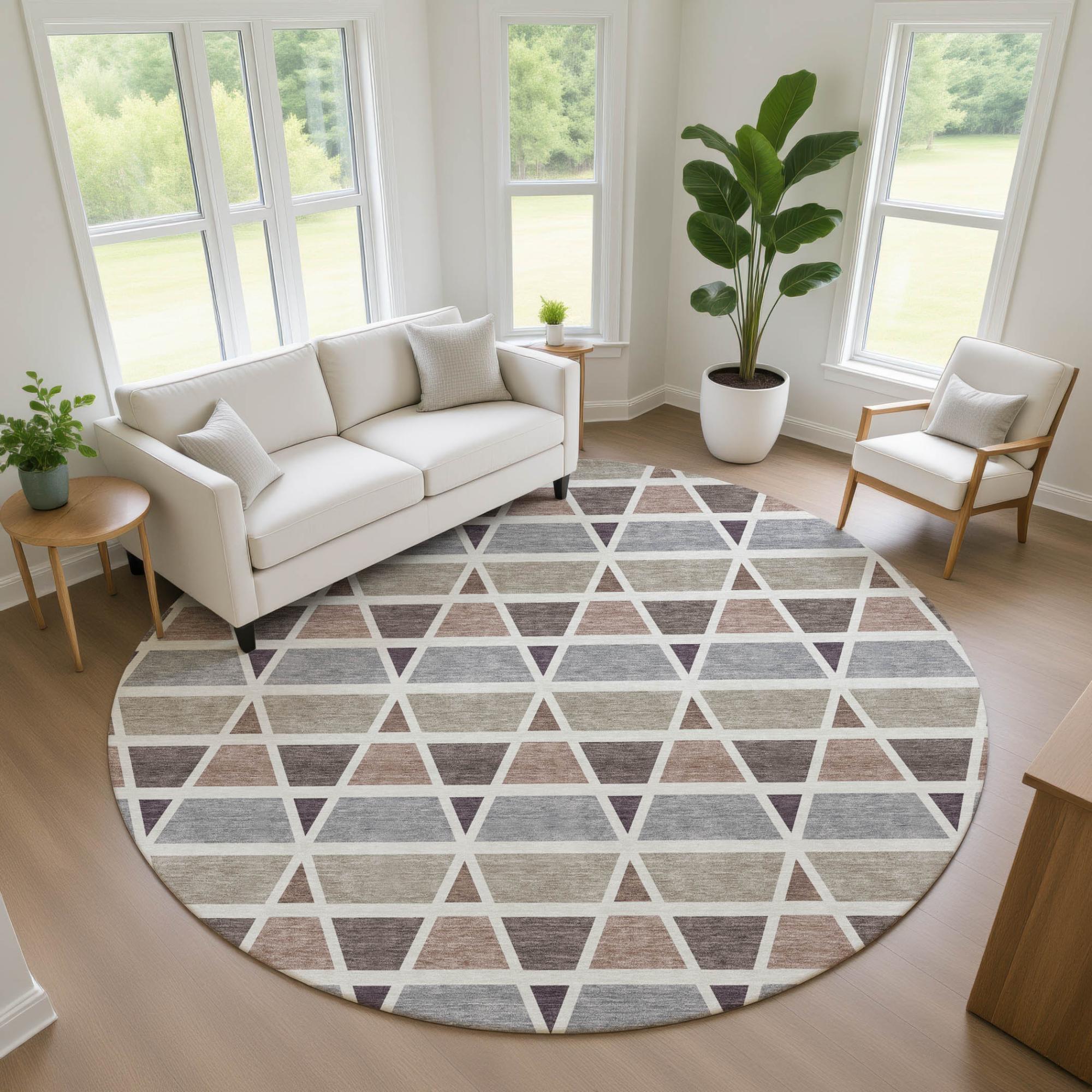 8' Taupe And Brown Round Geometric Washable Indoor Outdoor Area Rug Homeroots Outdoor