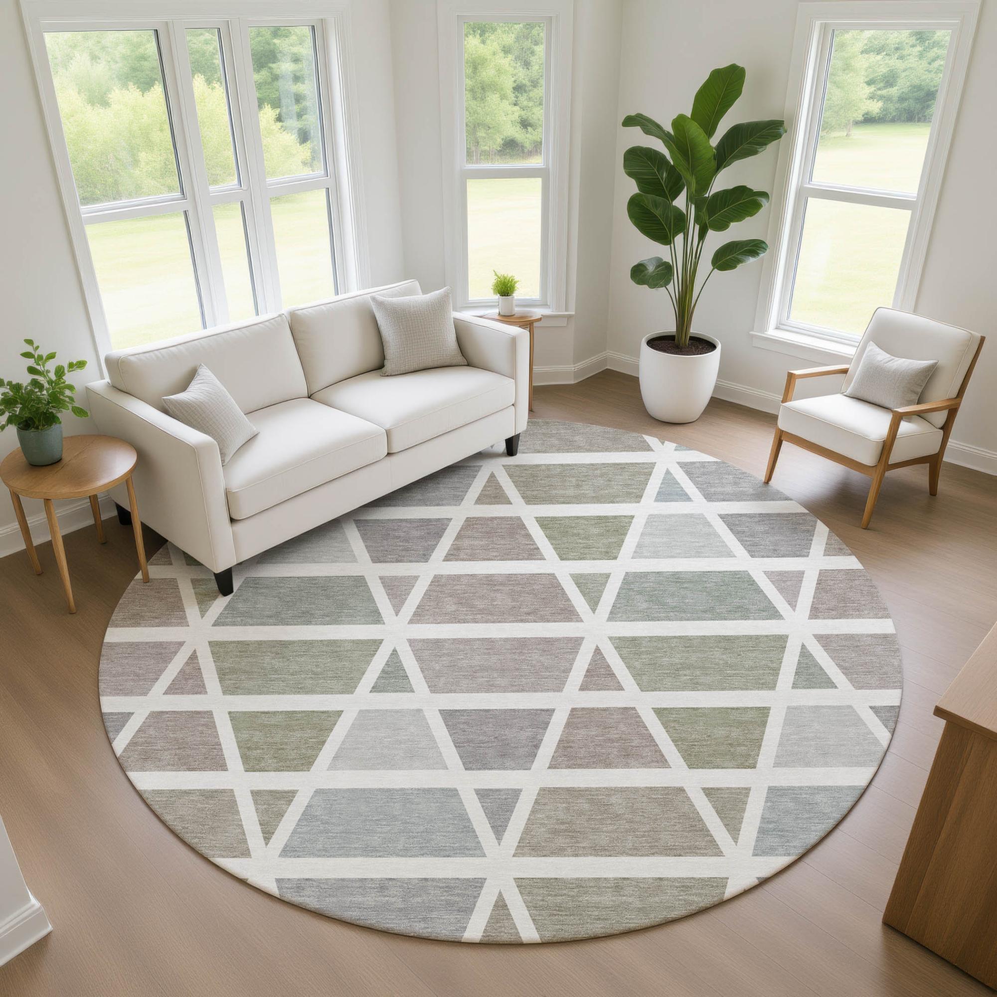 8' Taupe And Brown Round Geometric Washable Indoor Outdoor Area Rug Homeroots Outdoor