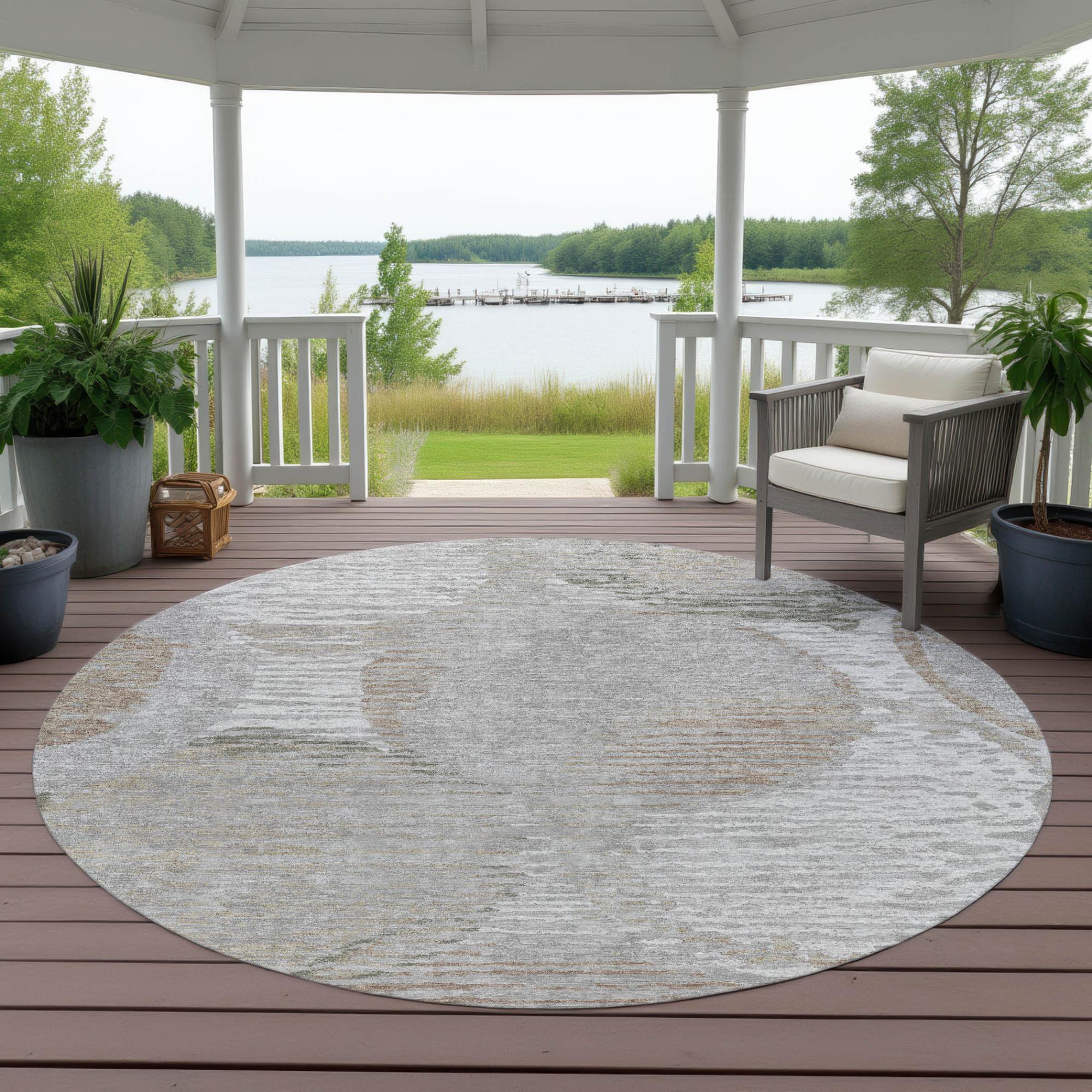 8' Taupe And Brown Round Geometric Washable Indoor Outdoor Area Rug Homeroots Outdoor