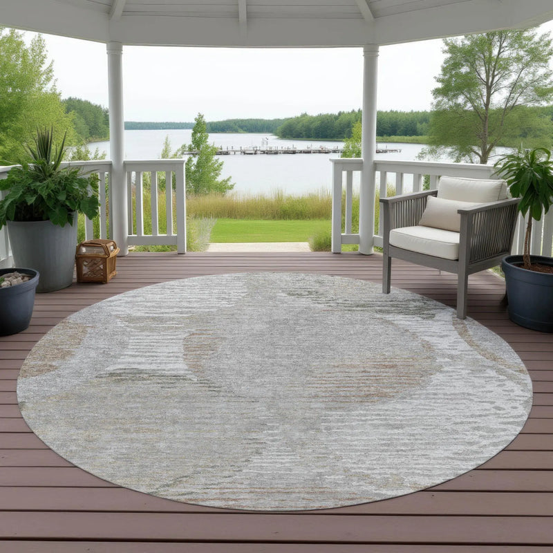 8' Taupe And Brown Round Geometric Washable Indoor Outdoor Area Rug Homeroots Outdoor
