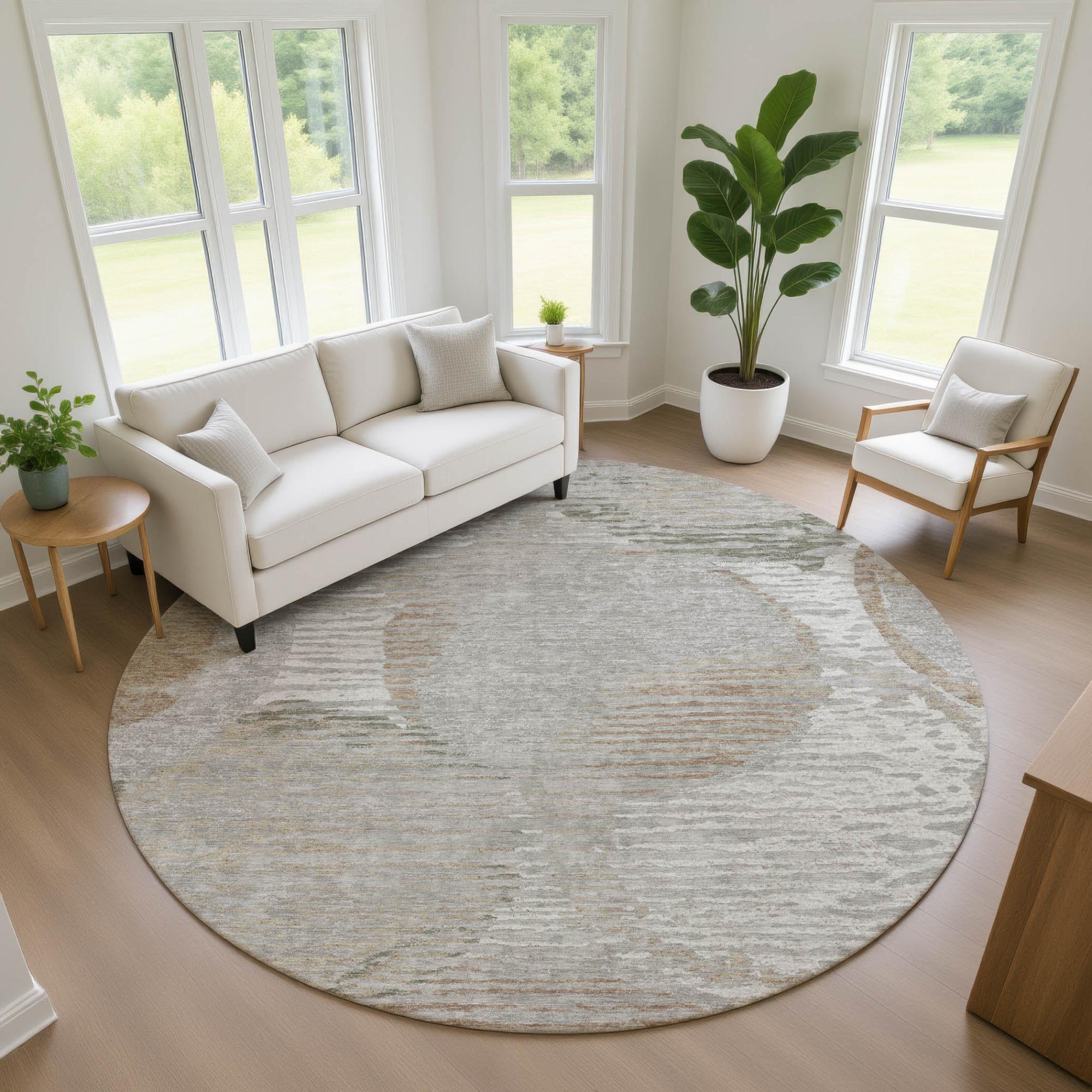 8' Taupe And Brown Round Geometric Washable Indoor Outdoor Area Rug Homeroots Outdoor