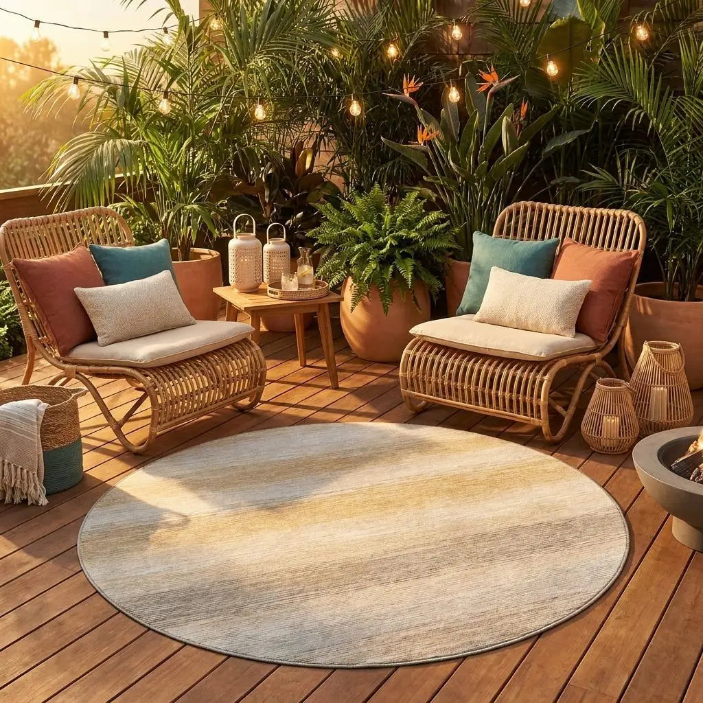 8' Taupe And Brown Round Striped Washable Indoor Outdoor Area Rug Homeroots Outdoor