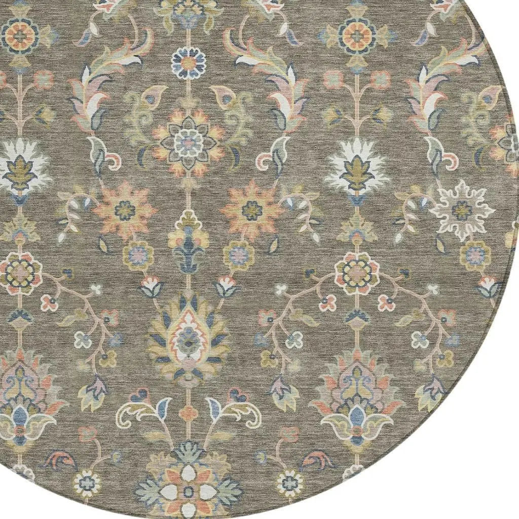 8' Taupe And Denim Blue Round Abstract Washable Indoor Outdoor Area Rug Homeroots Outdoor