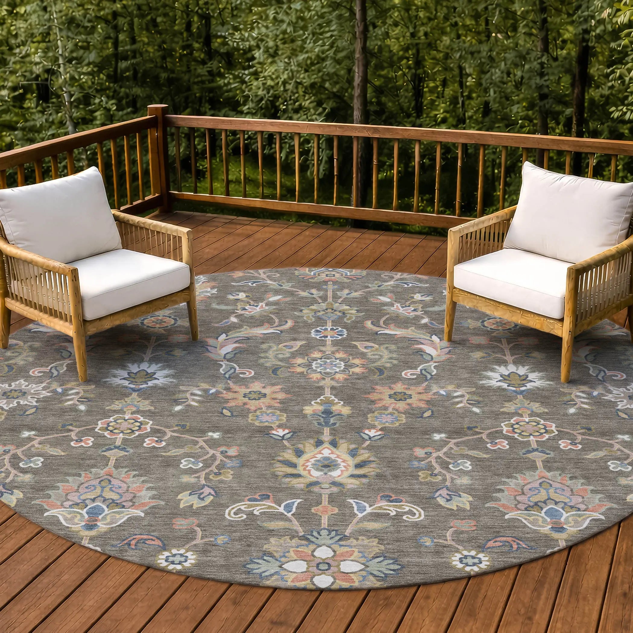 8' Taupe And Denim Blue Round Abstract Washable Indoor Outdoor Area Rug Homeroots Outdoor