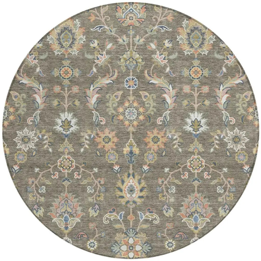 8' Taupe And Denim Blue Round Abstract Washable Indoor Outdoor Area Rug Homeroots Outdoor