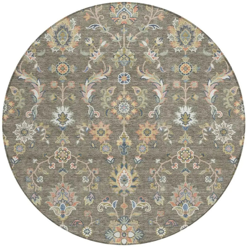 8' Taupe And Denim Blue Round Abstract Washable Indoor Outdoor Area Rug Homeroots Outdoor