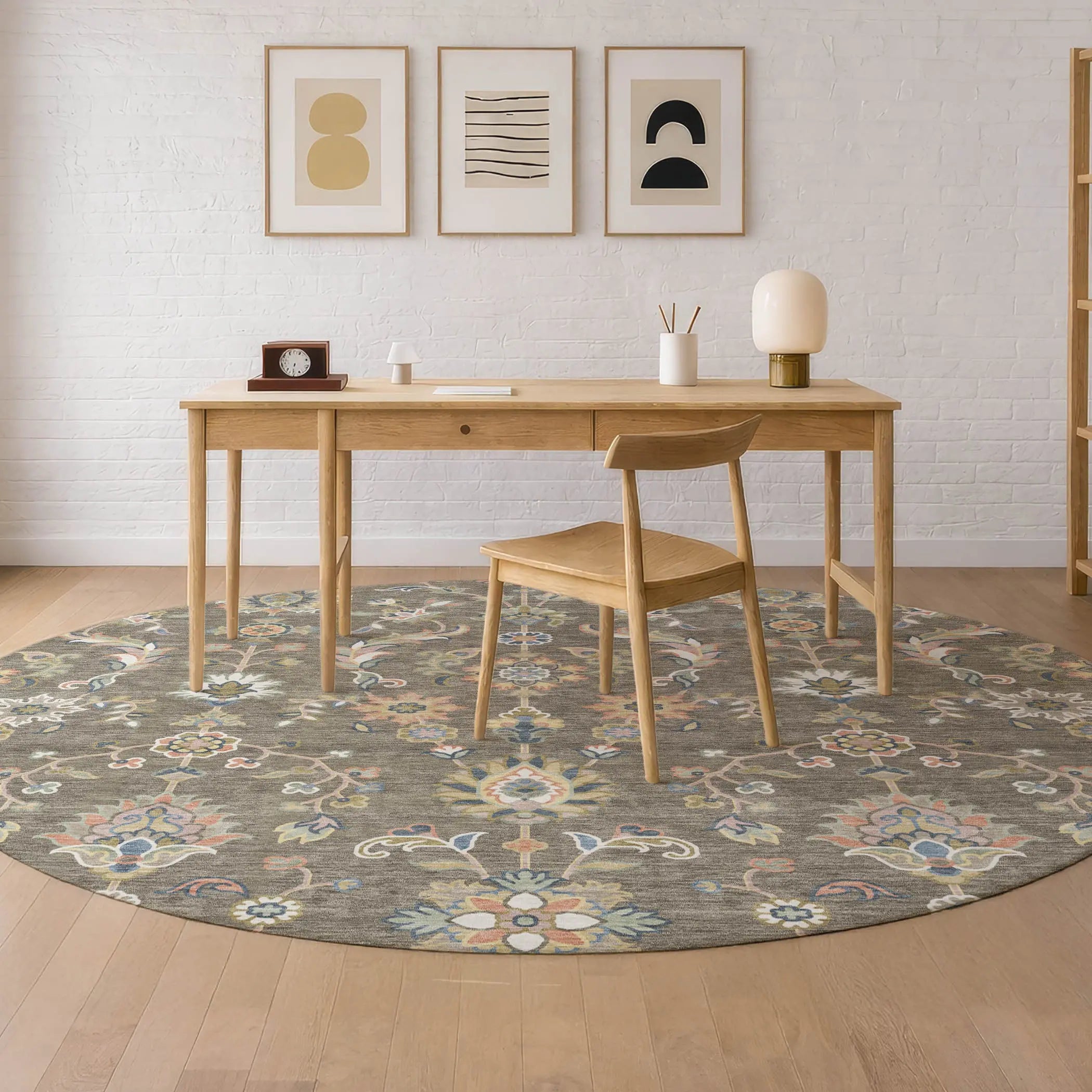 8' Taupe And Denim Blue Round Abstract Washable Indoor Outdoor Area Rug Homeroots Outdoor