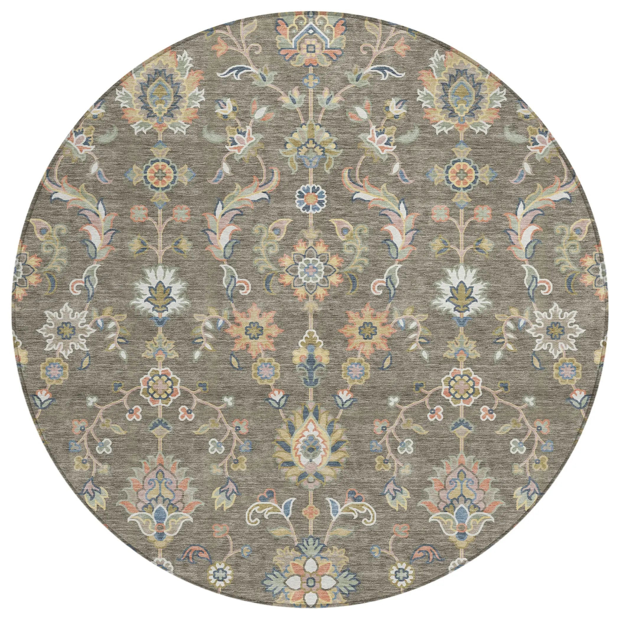 8' Taupe And Denim Blue Round Abstract Washable Indoor Outdoor Area Rug Homeroots Outdoor