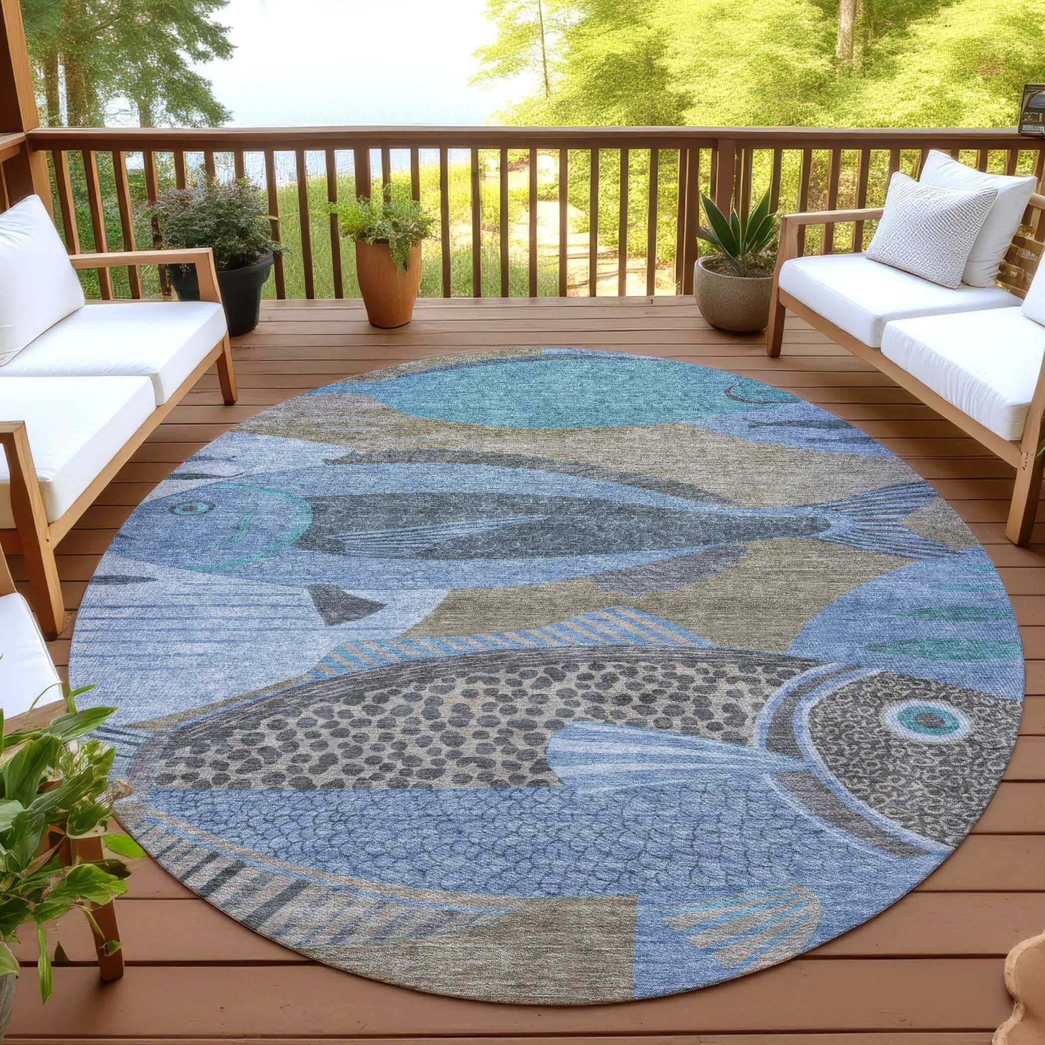 8' Taupe And Denim Blue Round Tropical Fish Washable Indoor Outdoor Area Rug Homeroots Outdoor