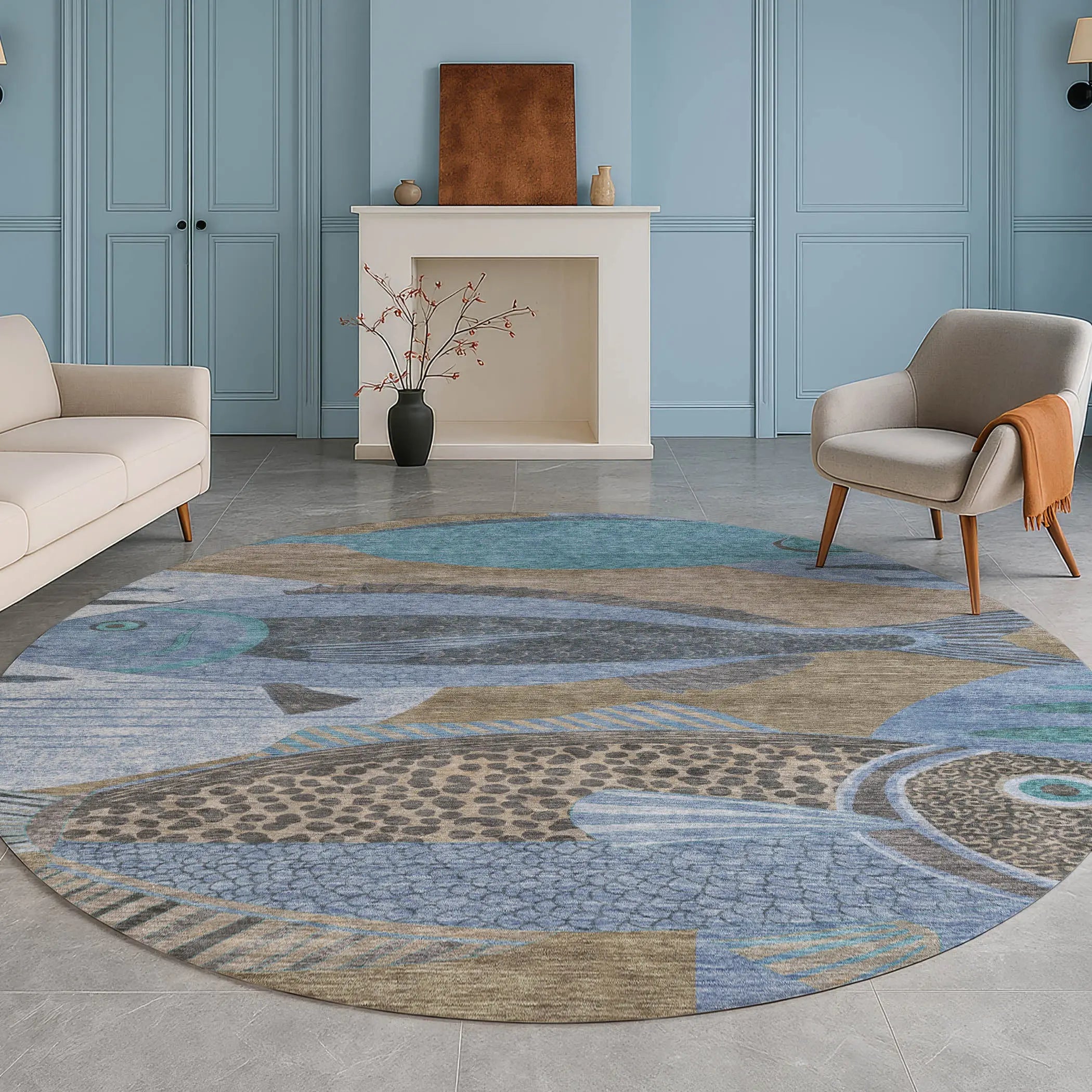 8' Taupe And Denim Blue Round Tropical Fish Washable Indoor Outdoor Area Rug Homeroots Outdoor