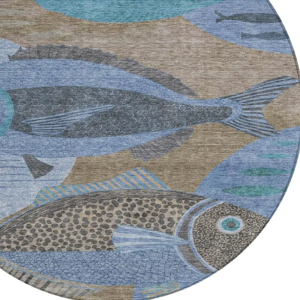 8' Taupe And Denim Blue Round Tropical Fish Washable Indoor Outdoor Area Rug Homeroots Outdoor