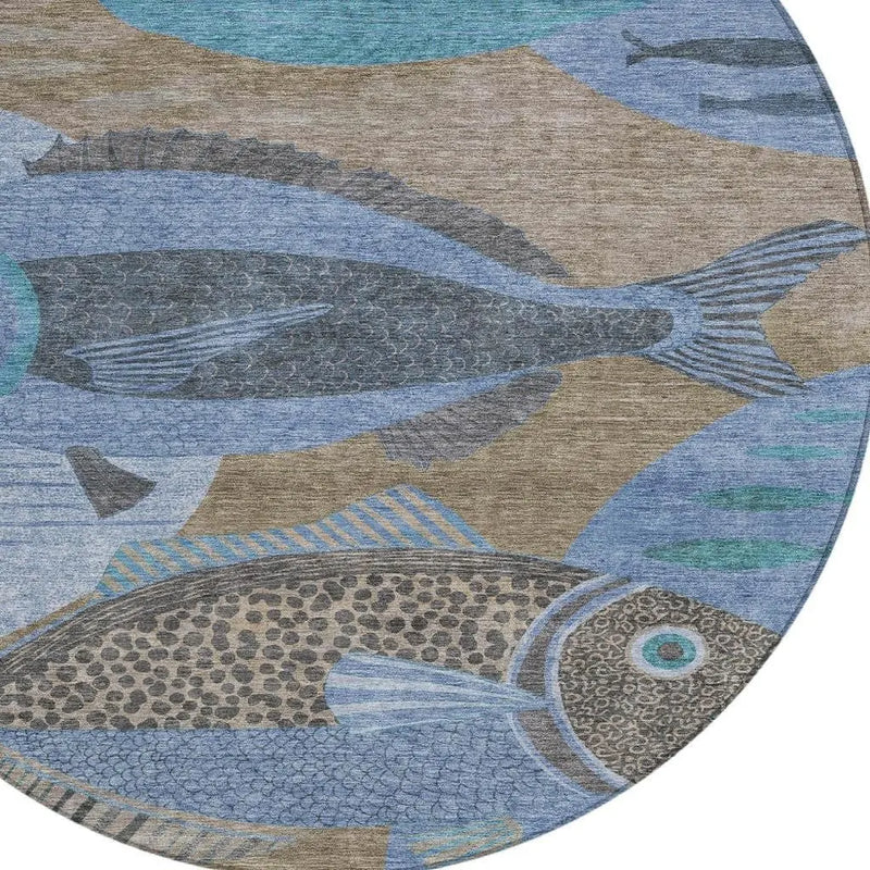 8' Taupe And Denim Blue Round Tropical Fish Washable Indoor Outdoor Area Rug Homeroots Outdoor