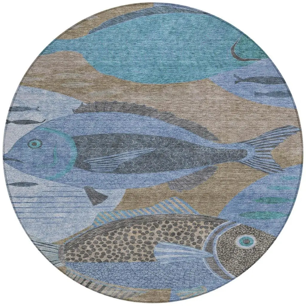 8' Taupe And Denim Blue Round Tropical Fish Washable Indoor Outdoor Area Rug Homeroots Outdoor