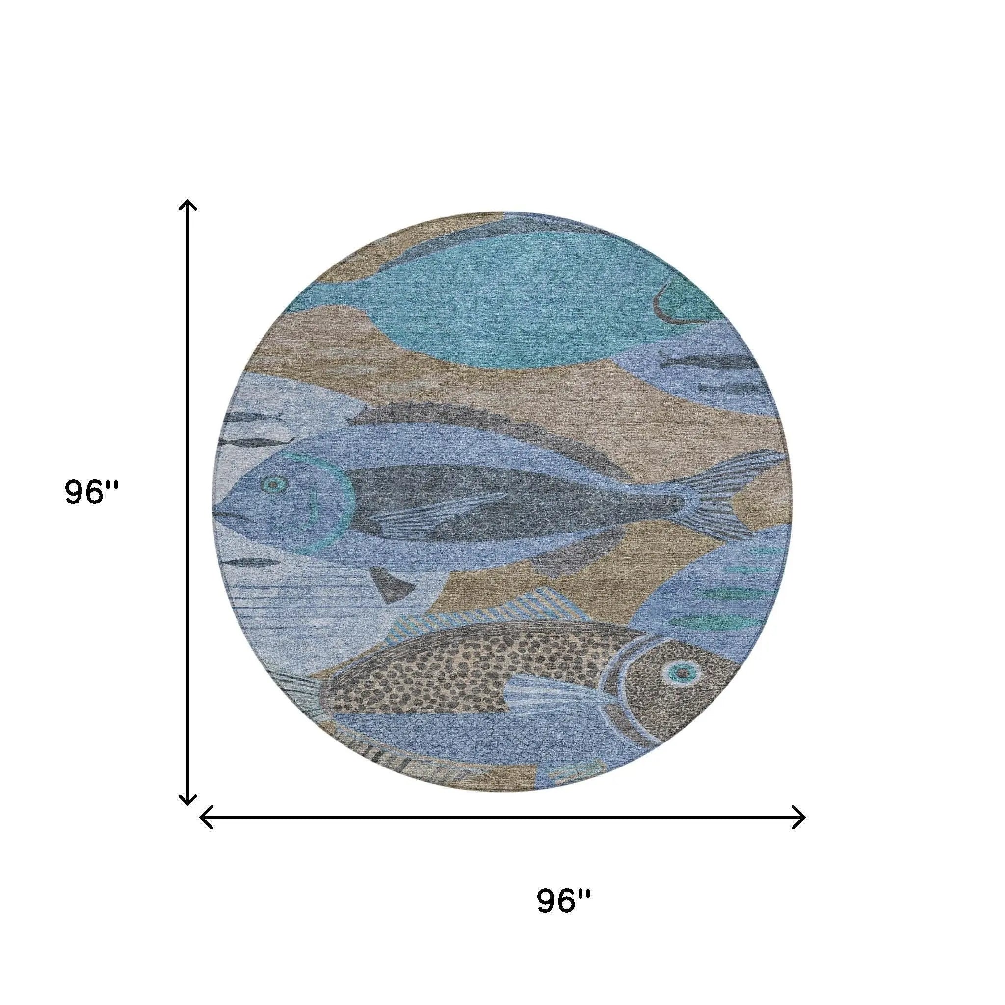 8' Taupe And Denim Blue Round Tropical Fish Washable Indoor Outdoor Area Rug Homeroots Outdoor