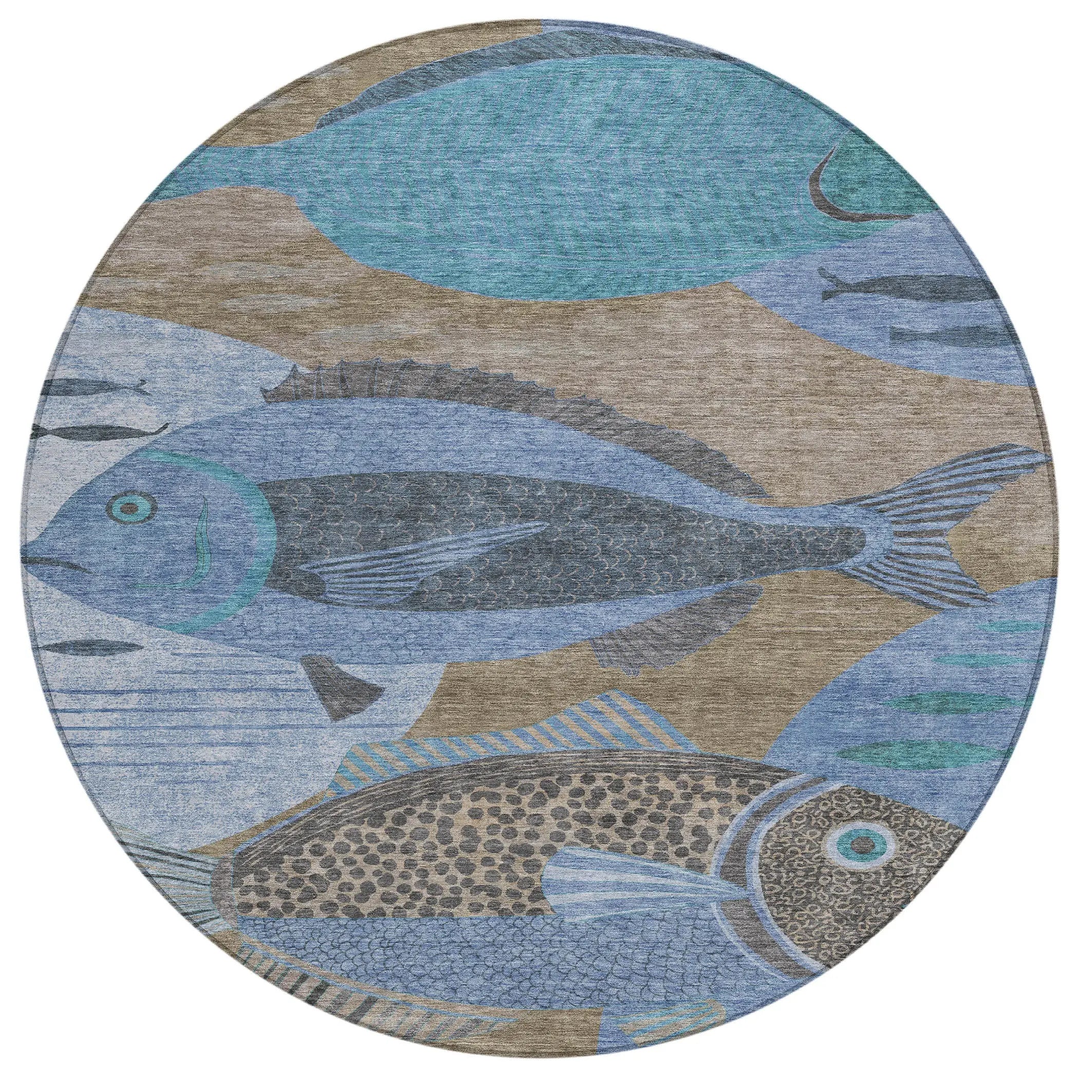 8' Taupe And Denim Blue Round Tropical Fish Washable Indoor Outdoor Area Rug Homeroots Outdoor