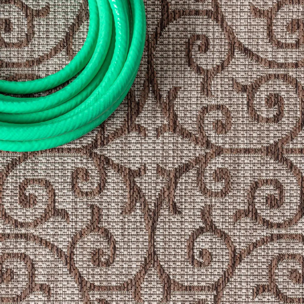 8' Taupe And Espresso Square Geometric Indoor Outdoor Area Rug Homeroots Outdoor