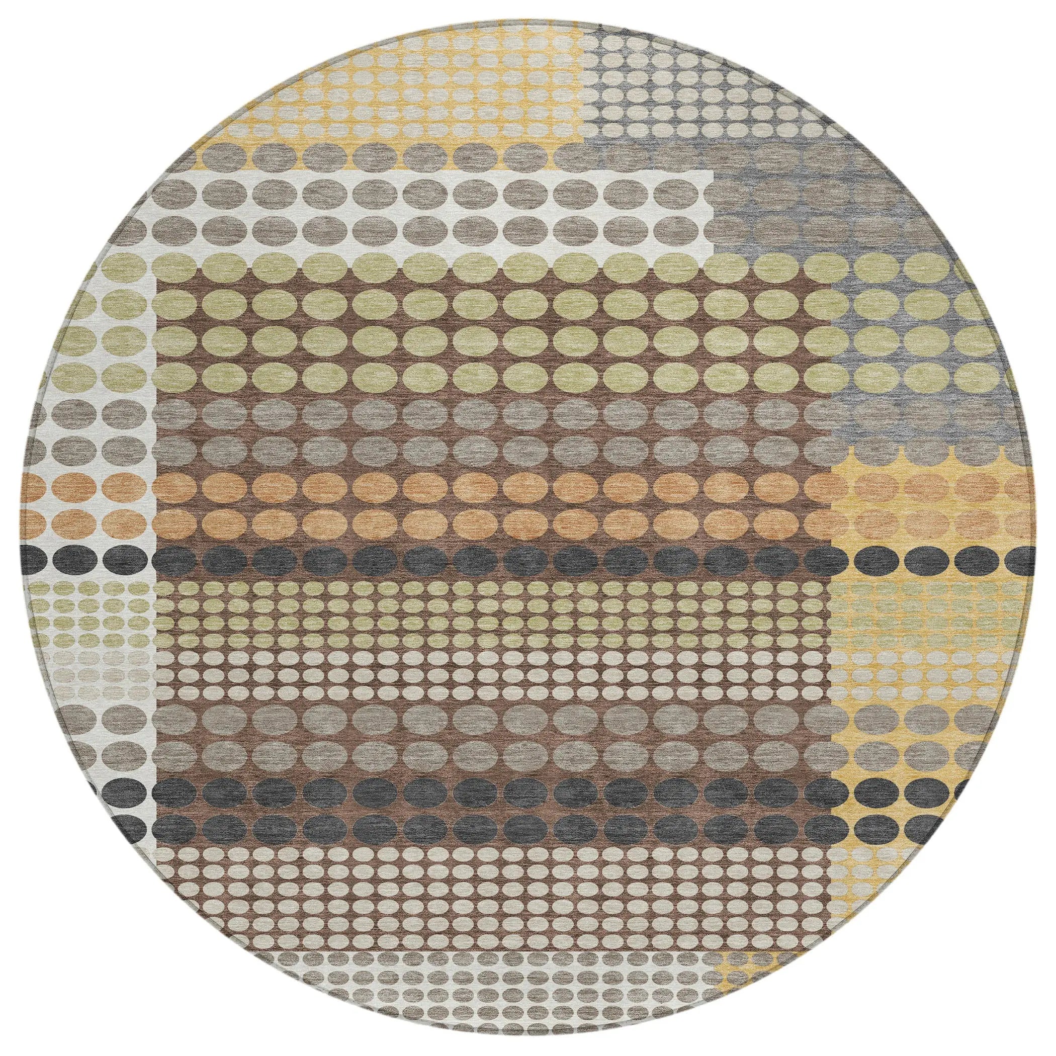 8' Taupe And Gold Round Geometric Washable Indoor Outdoor Area Rug Homeroots Outdoor