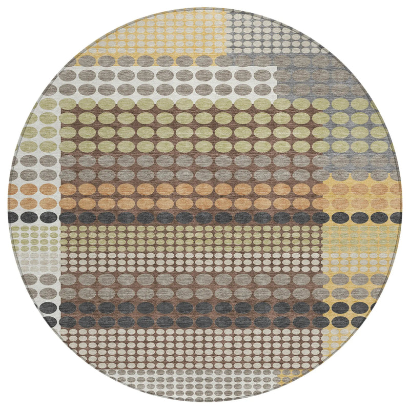 8' Taupe And Gold Round Geometric Washable Indoor Outdoor Area Rug Homeroots Outdoor