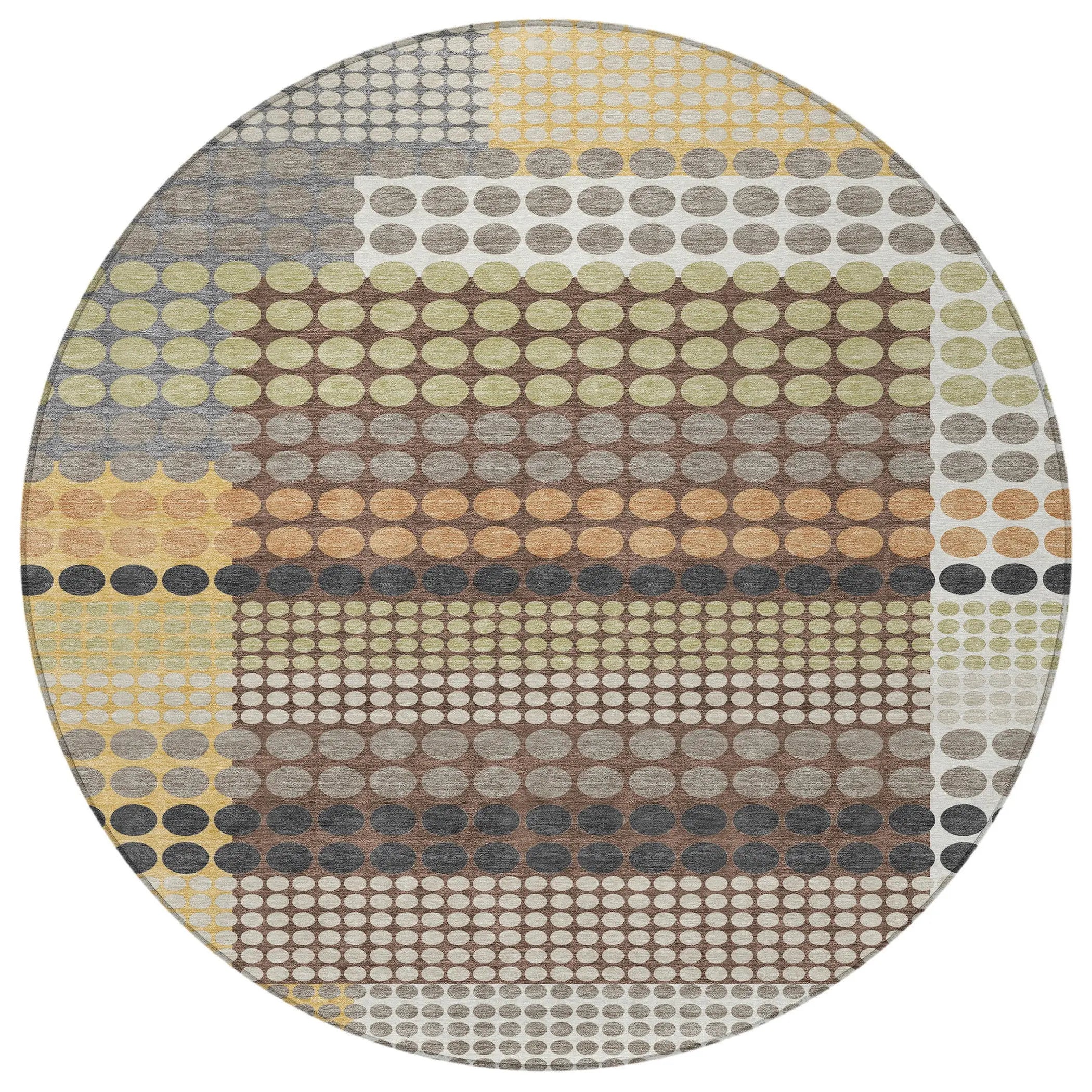8' Taupe And Gold Round Geometric Washable Indoor Outdoor Area Rug Homeroots Outdoor